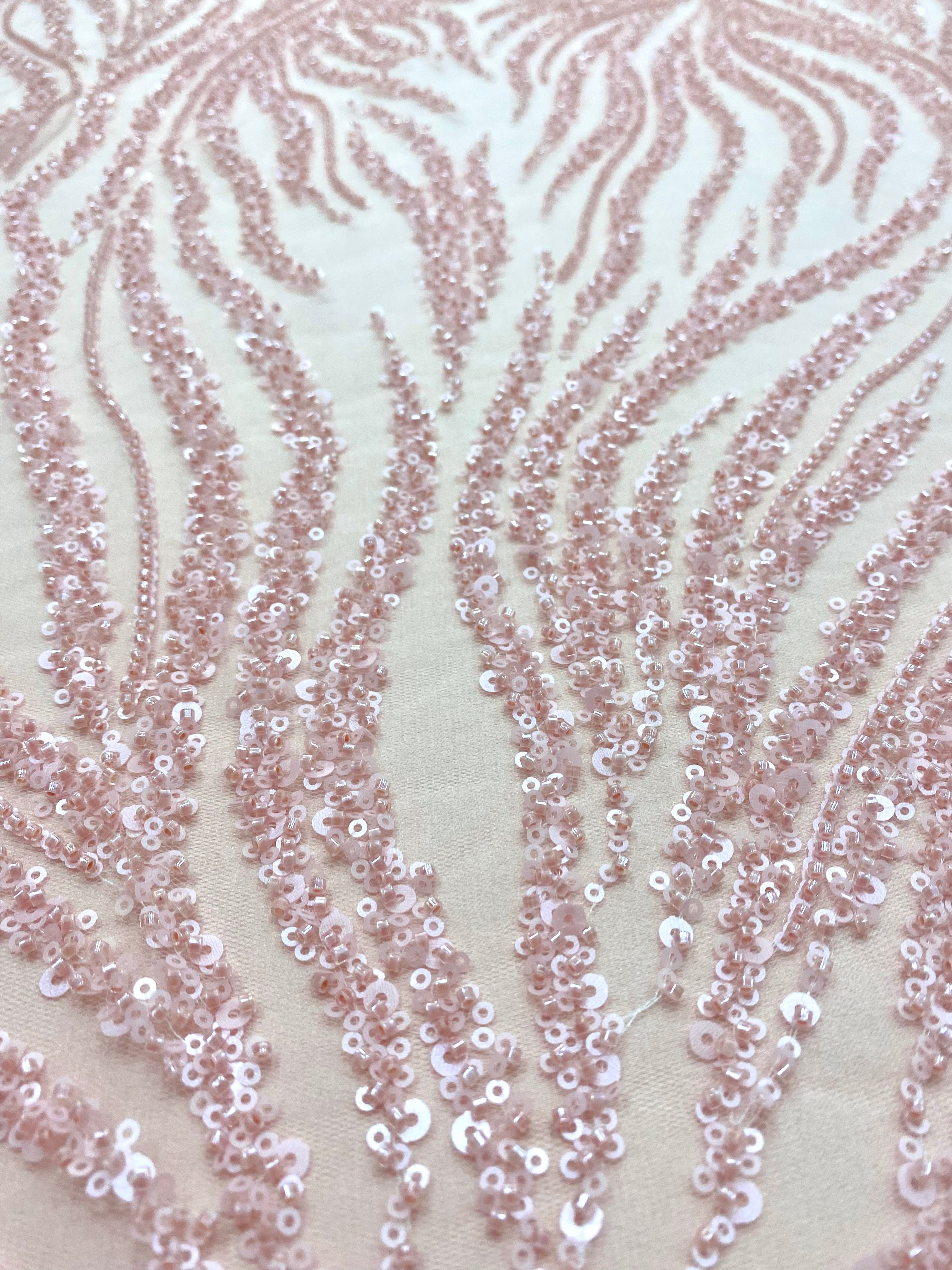 Salmon Pink Couture Lace with Strings, Beads and Sequins
