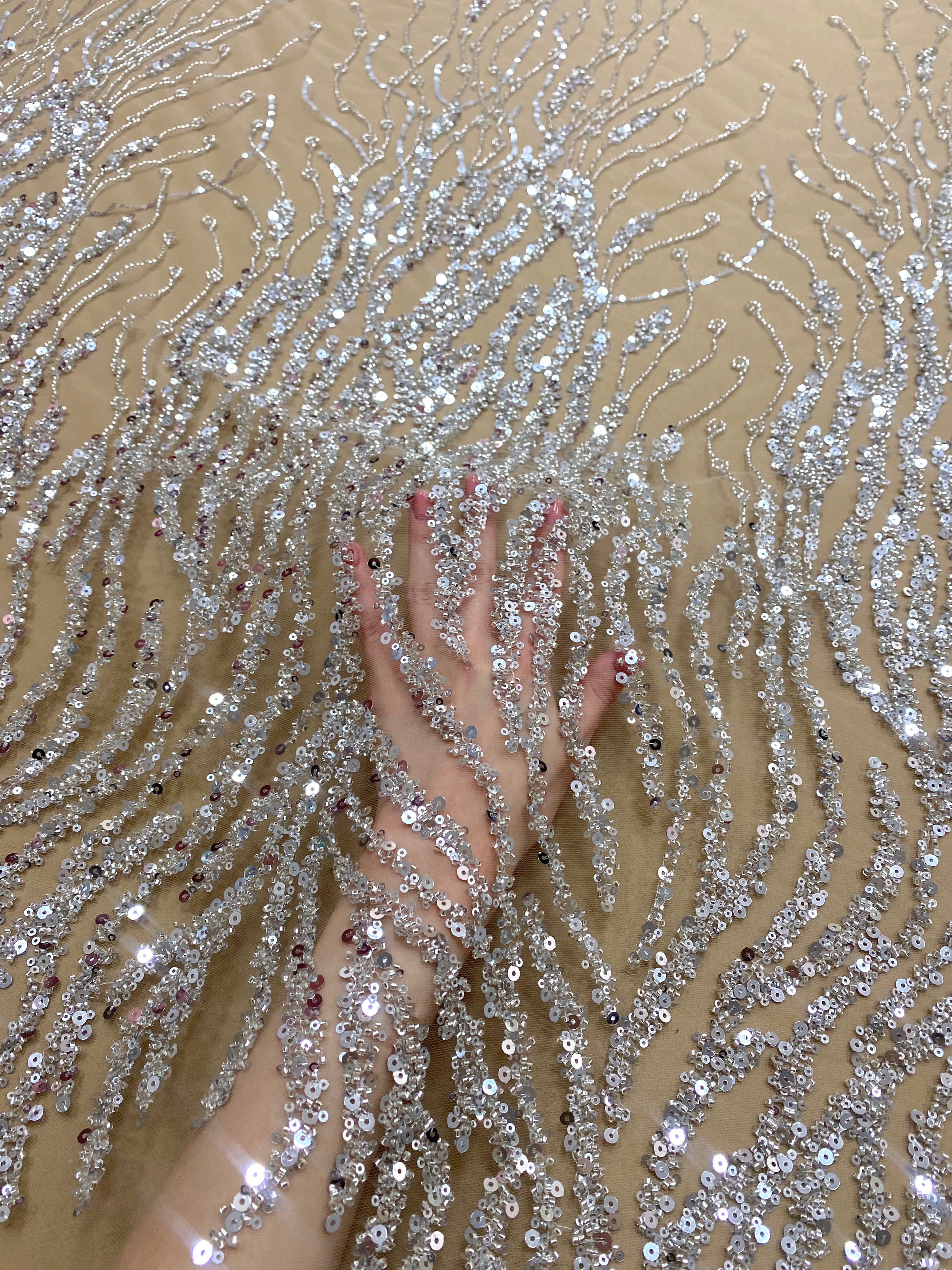 Silver Lace with Linear Pattern, with Pearls and Sequins