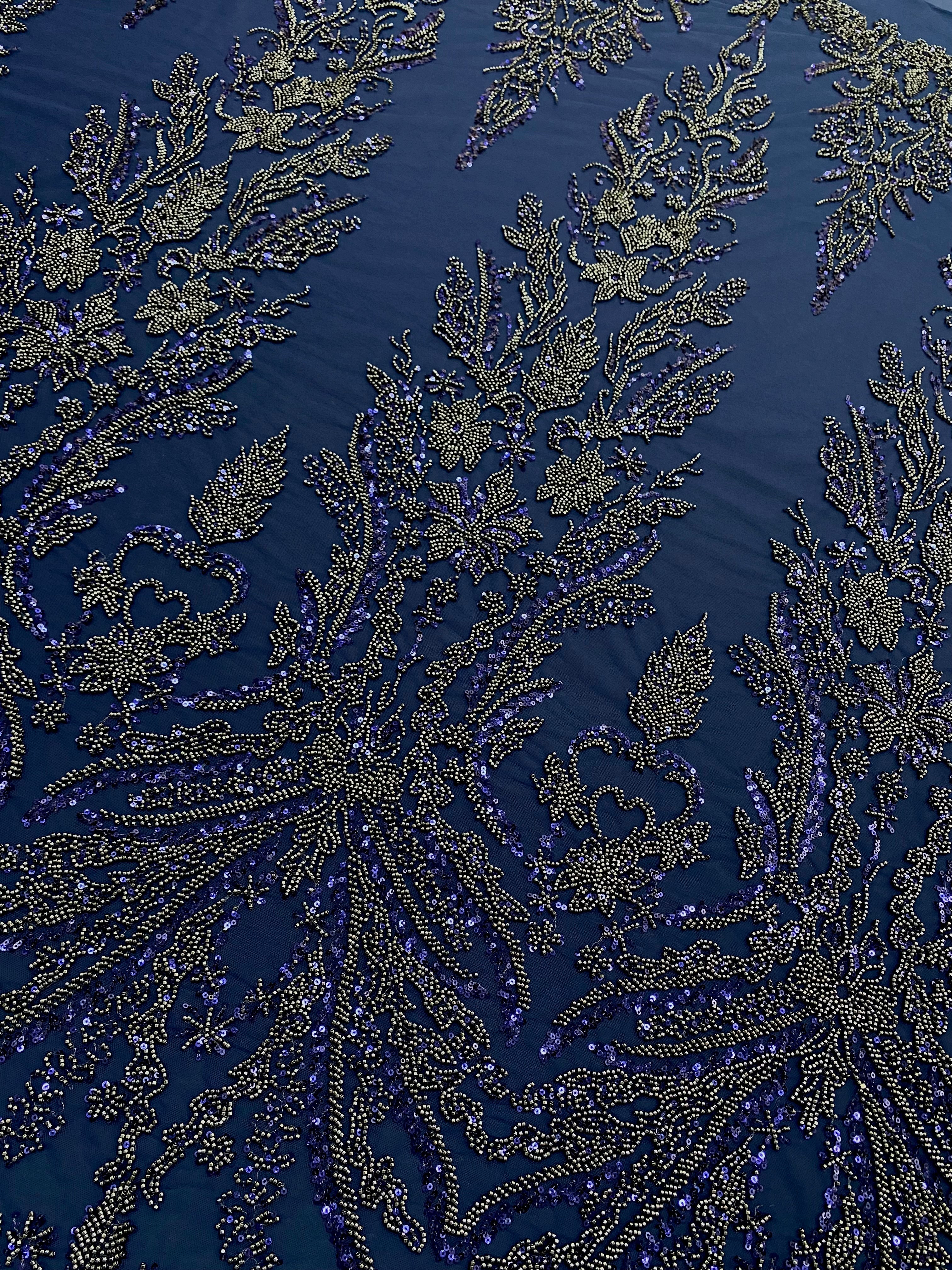 Navy Blue Couture Lace with Floral Pattern, Beads and Sequins