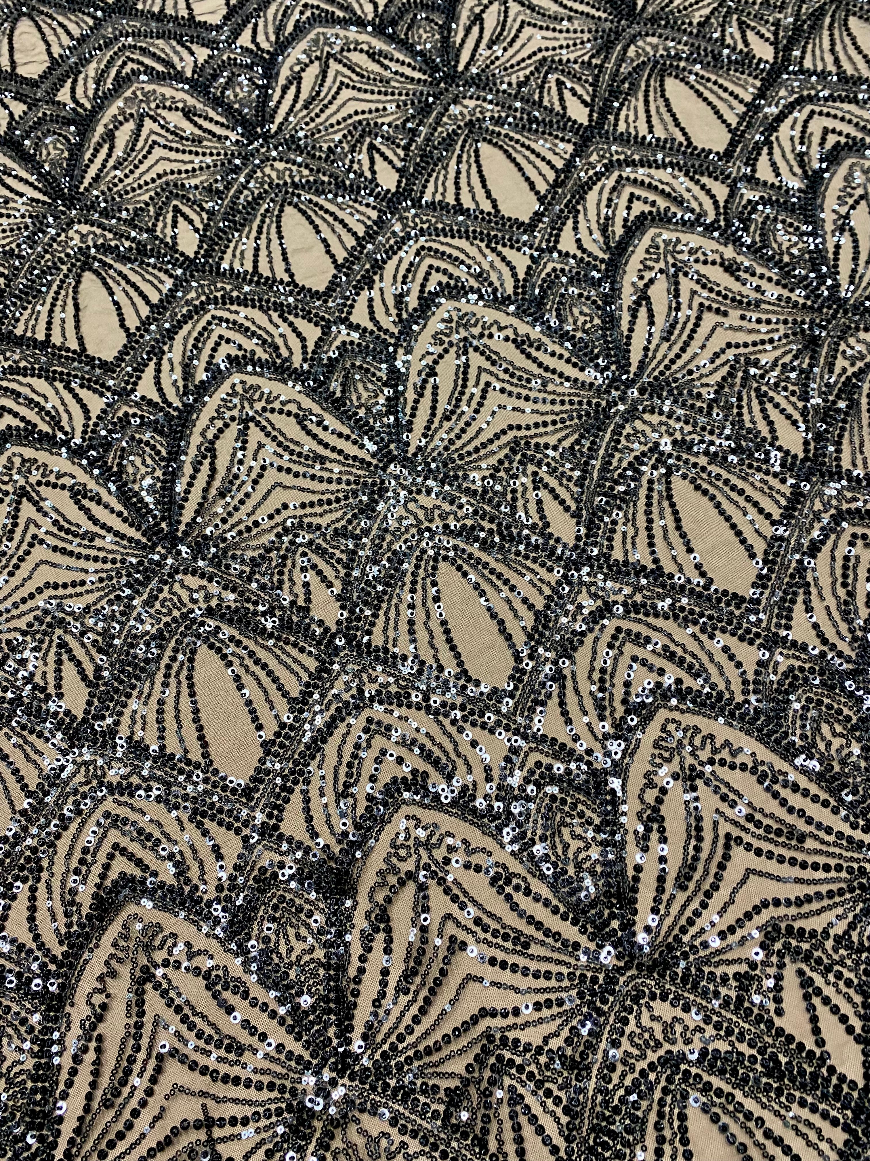 Silver Couture Lace on Blue Tulle, with Symmetrical Pattern, with Beads and Sequins 