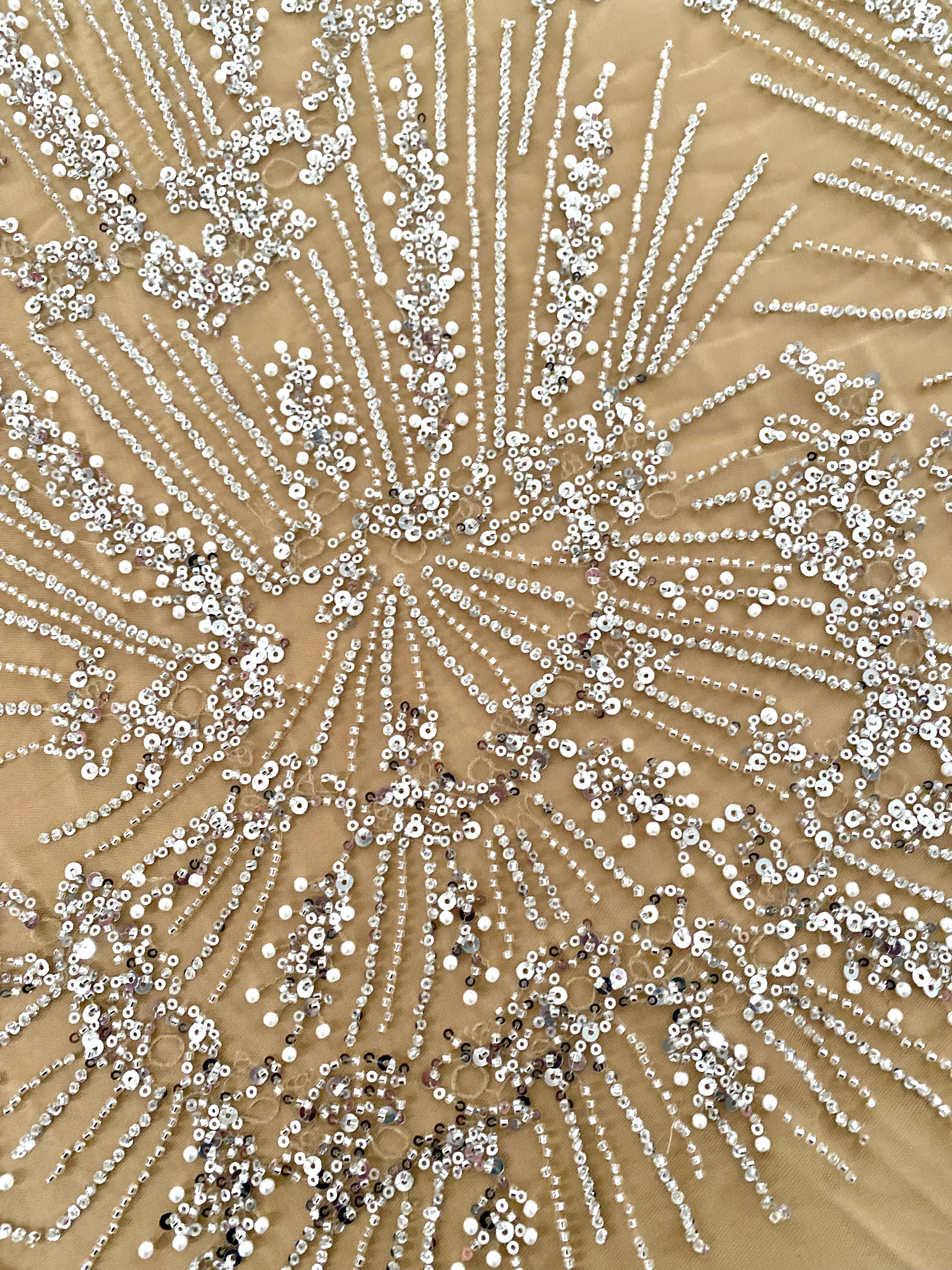0.9m Voucher of Silver Couture Lace on Champagne Tulle, with Symmetrical Pattern, with Beads and Sequins 