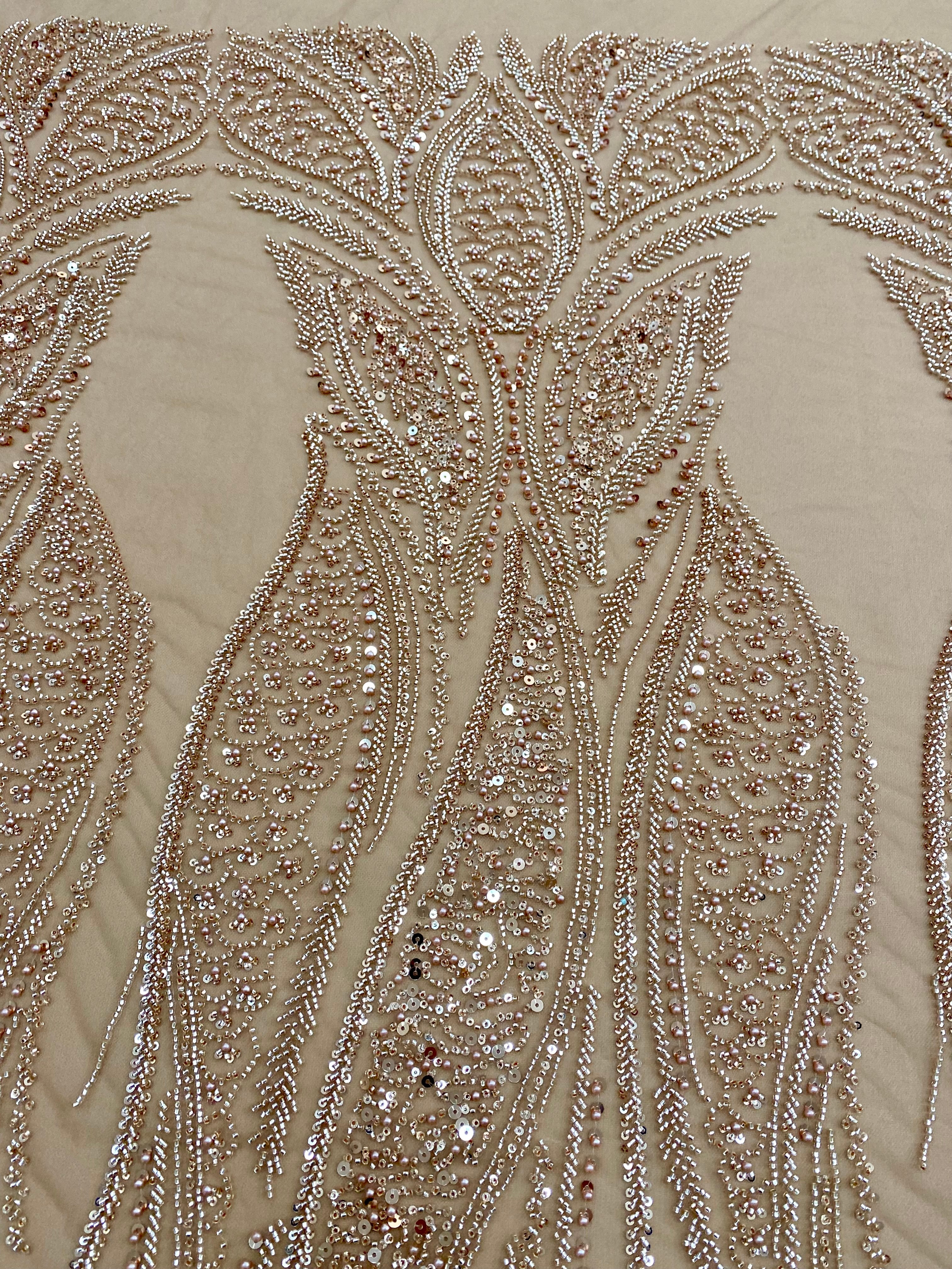 Rose Gold Couture Lace with Panel, Pearls, Beads and Sequins