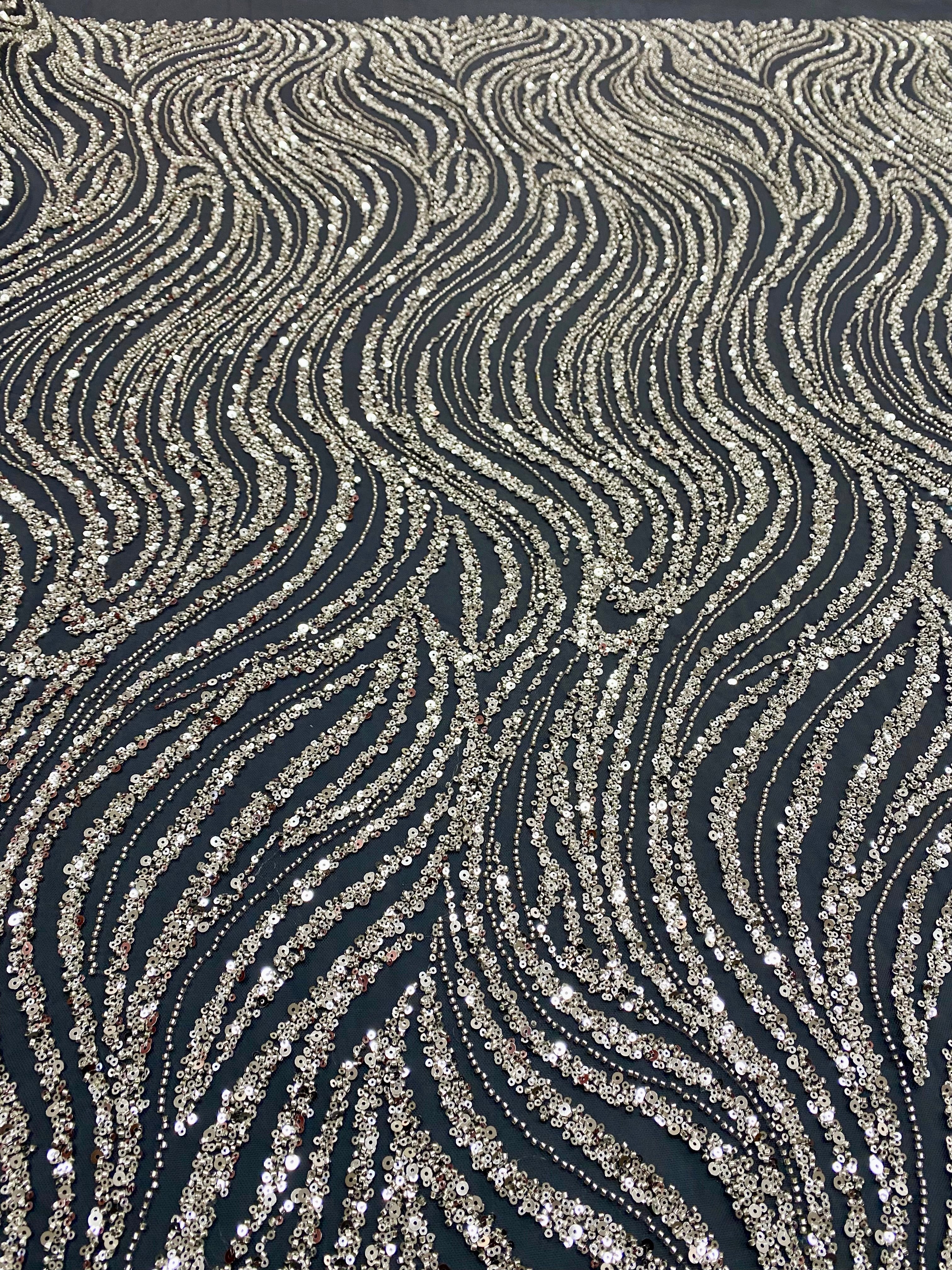 Silver Lace with Linear Pattern, with Pearls and Sequins