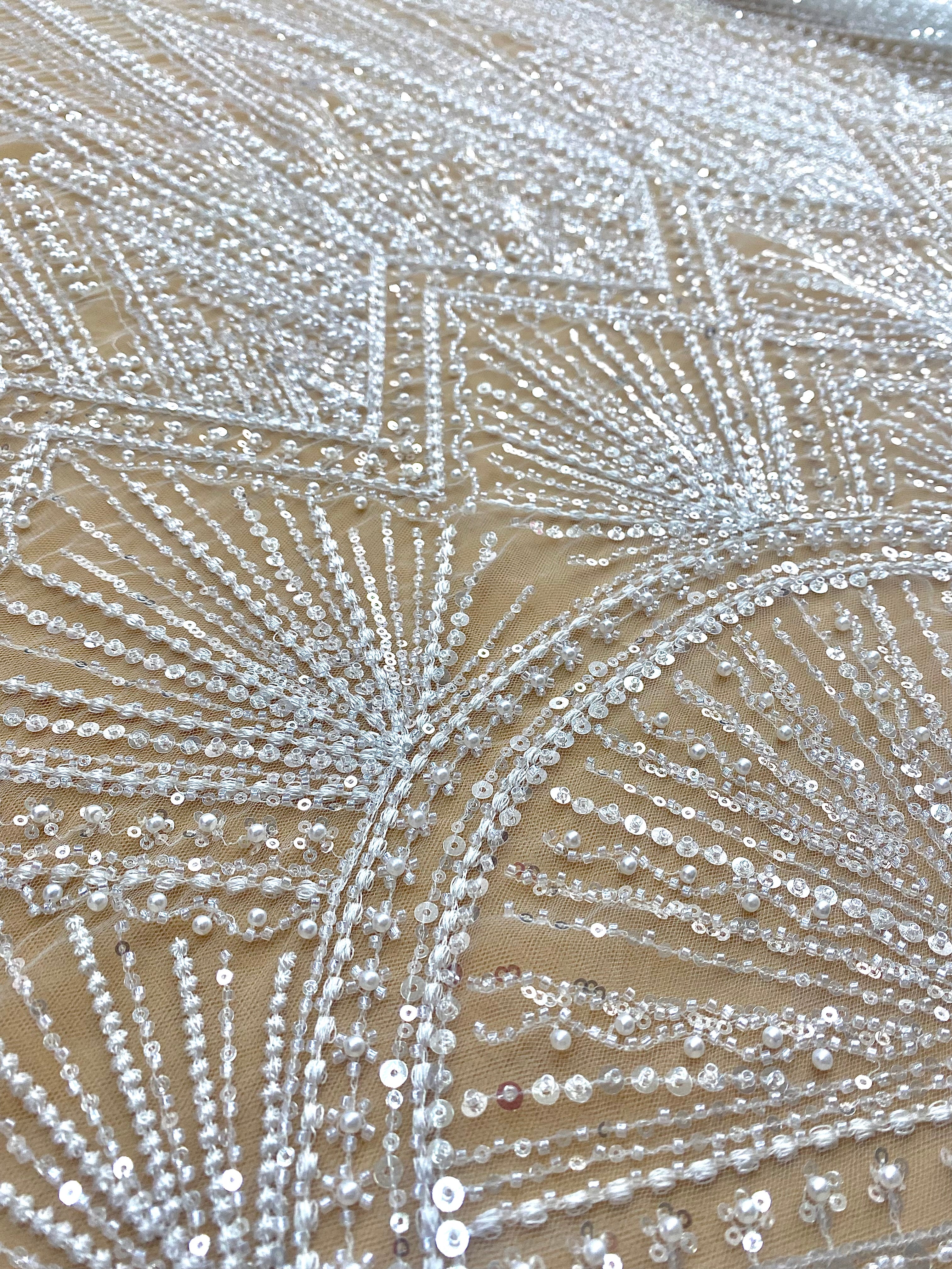 Silver Lace with Linear Pattern, with Pearls and Sequins