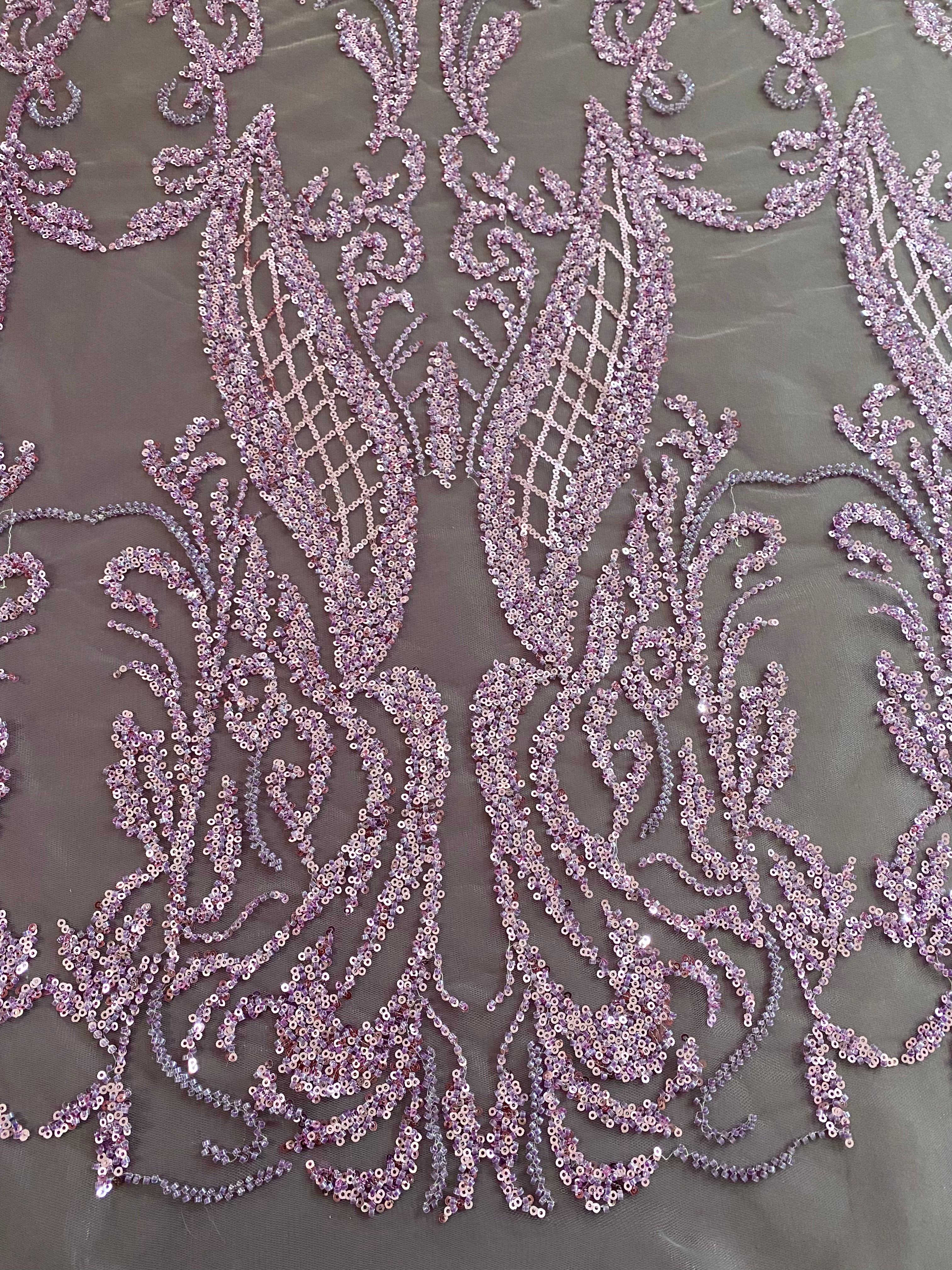 Dantela Couture Lavanda Pudrata cu Model Geometric, cu Margele si Paiete