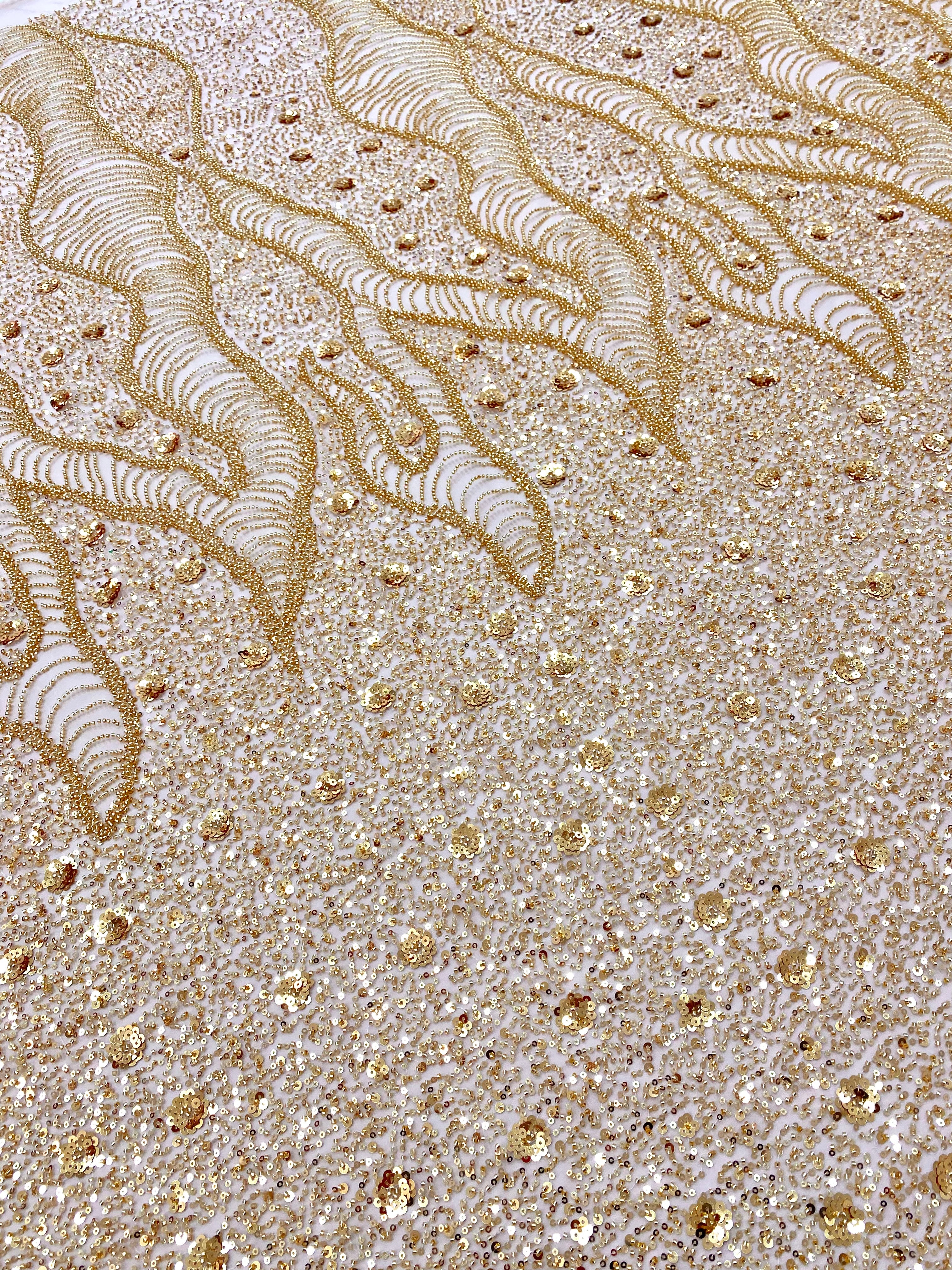 Gold Couture Lace with Geometric and Floral Pattern, with Beads and Sequins