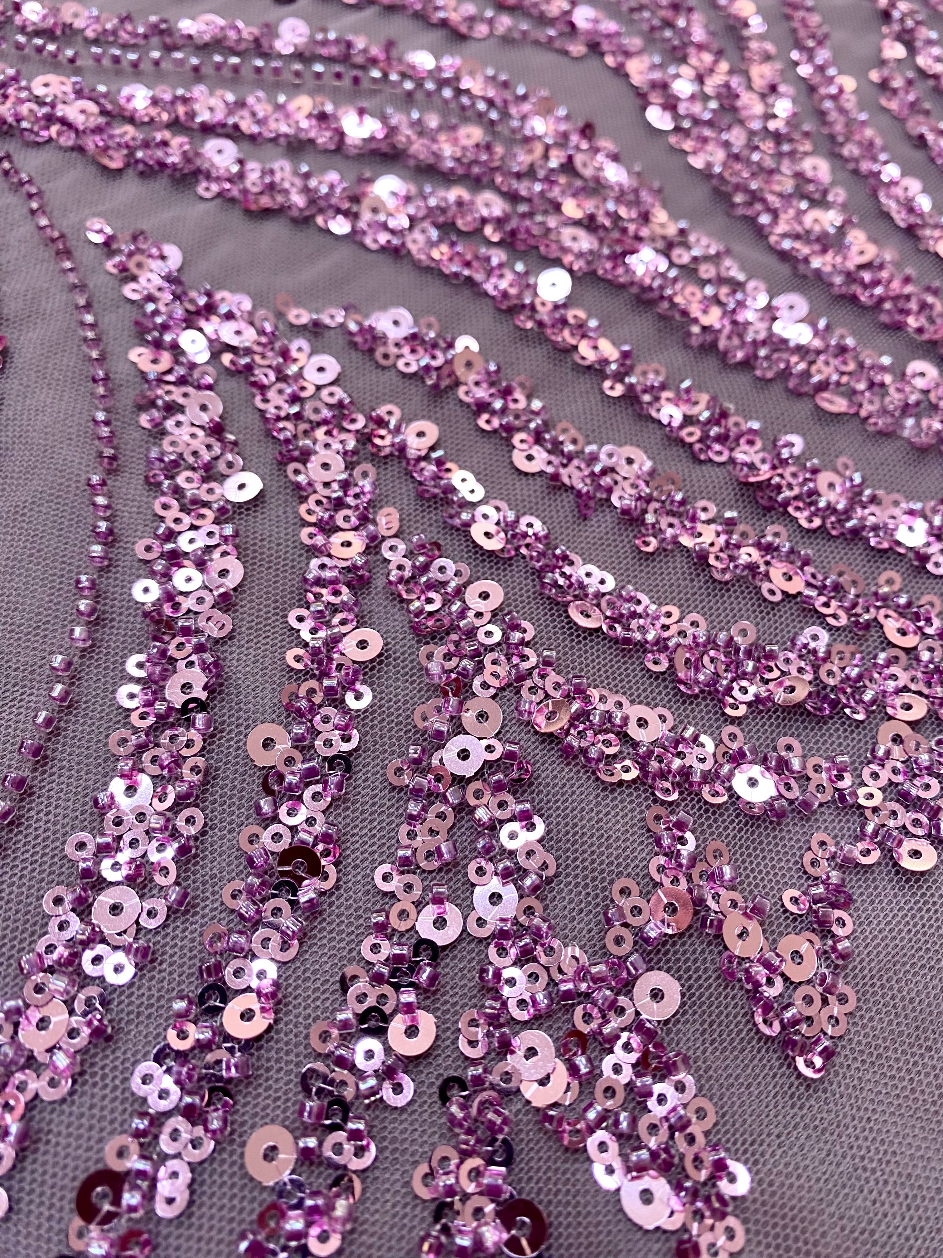 Powder Couture Lace with Linear Pattern, with Beads and Sequins