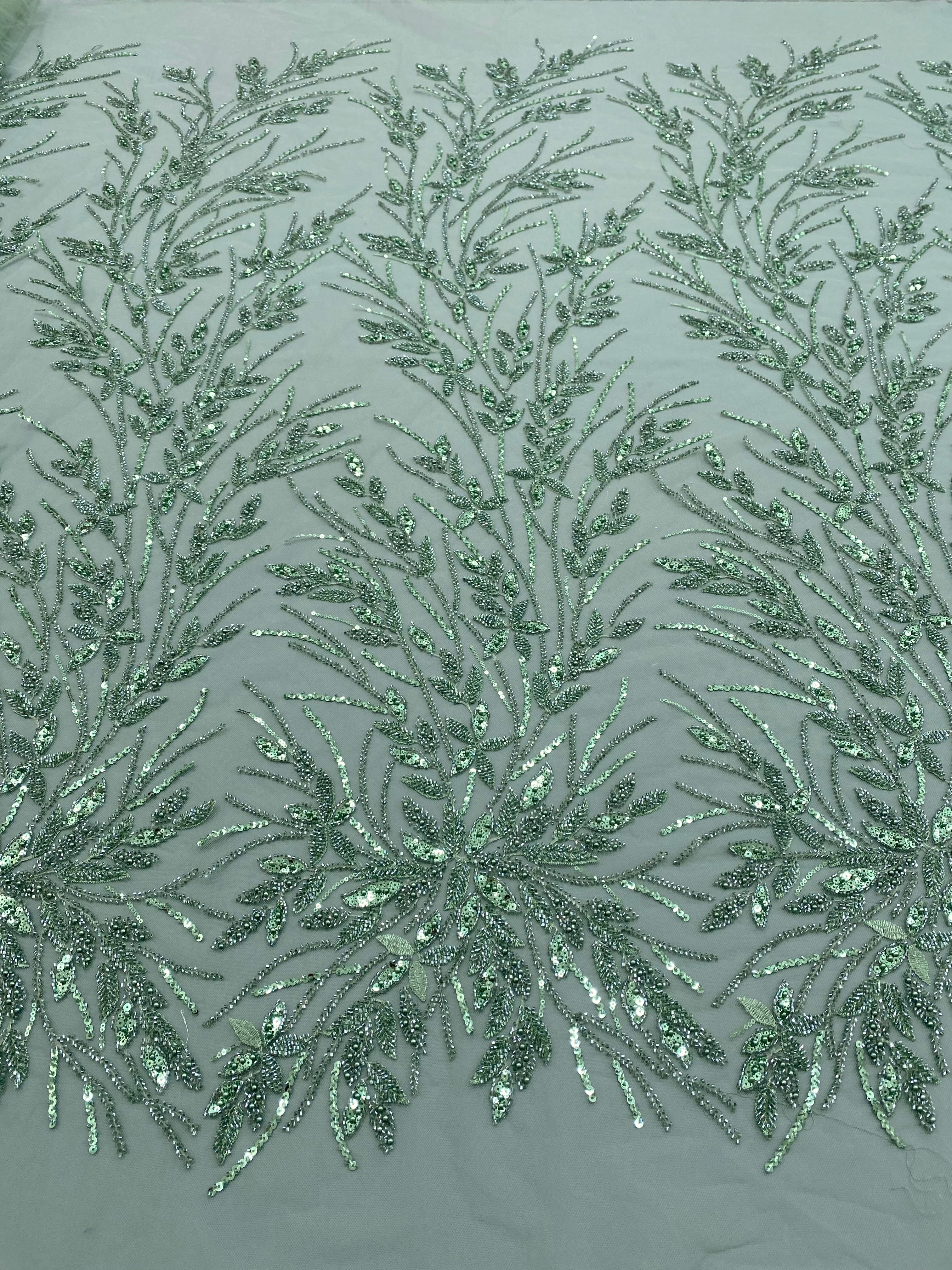 Dantela Couture Verde Ou de Rata cu Model Floral, Perle, Margele si Paiete