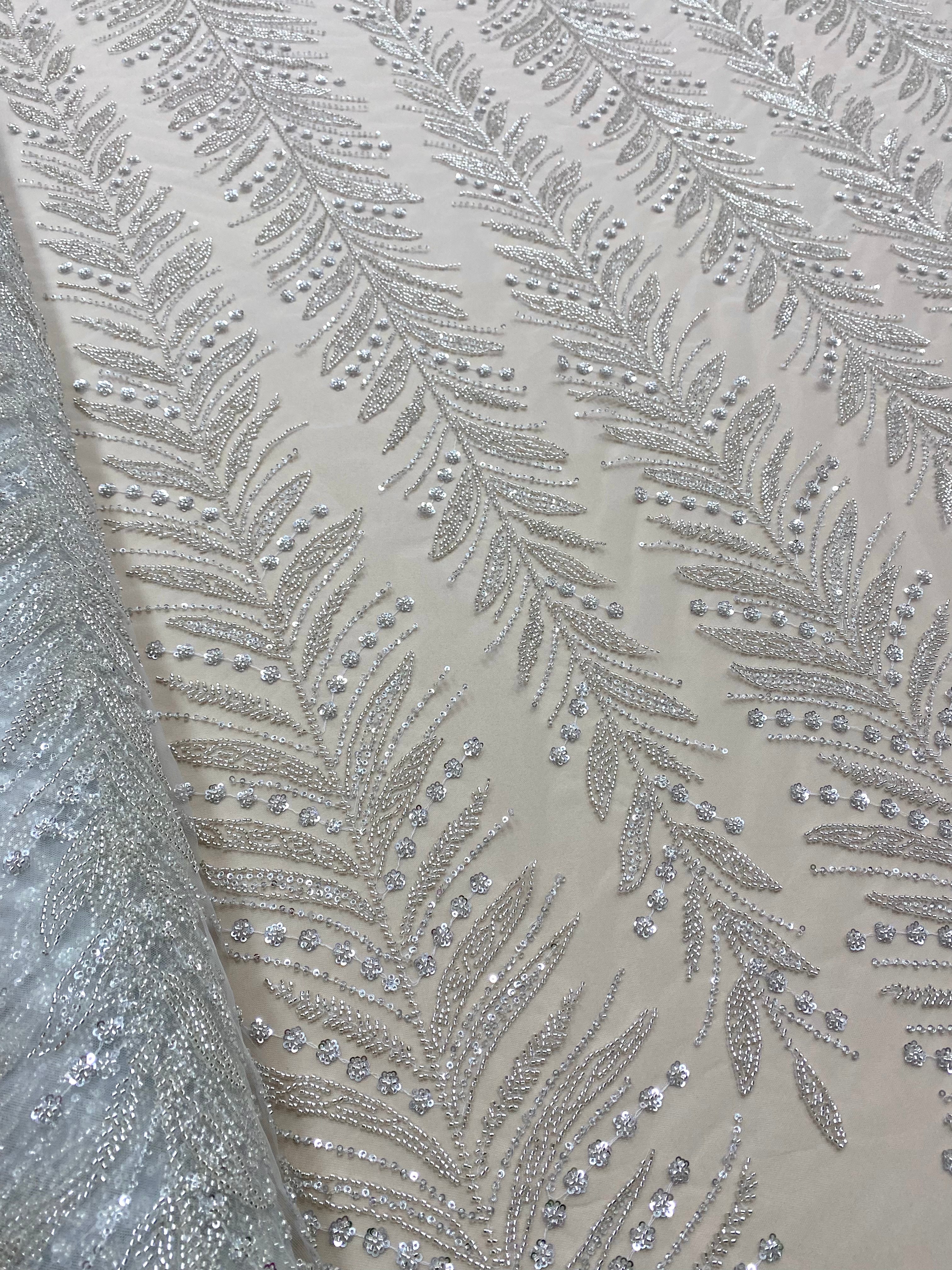 Dantela Couture Argintie cu Crengi, cu Margele si Paiete