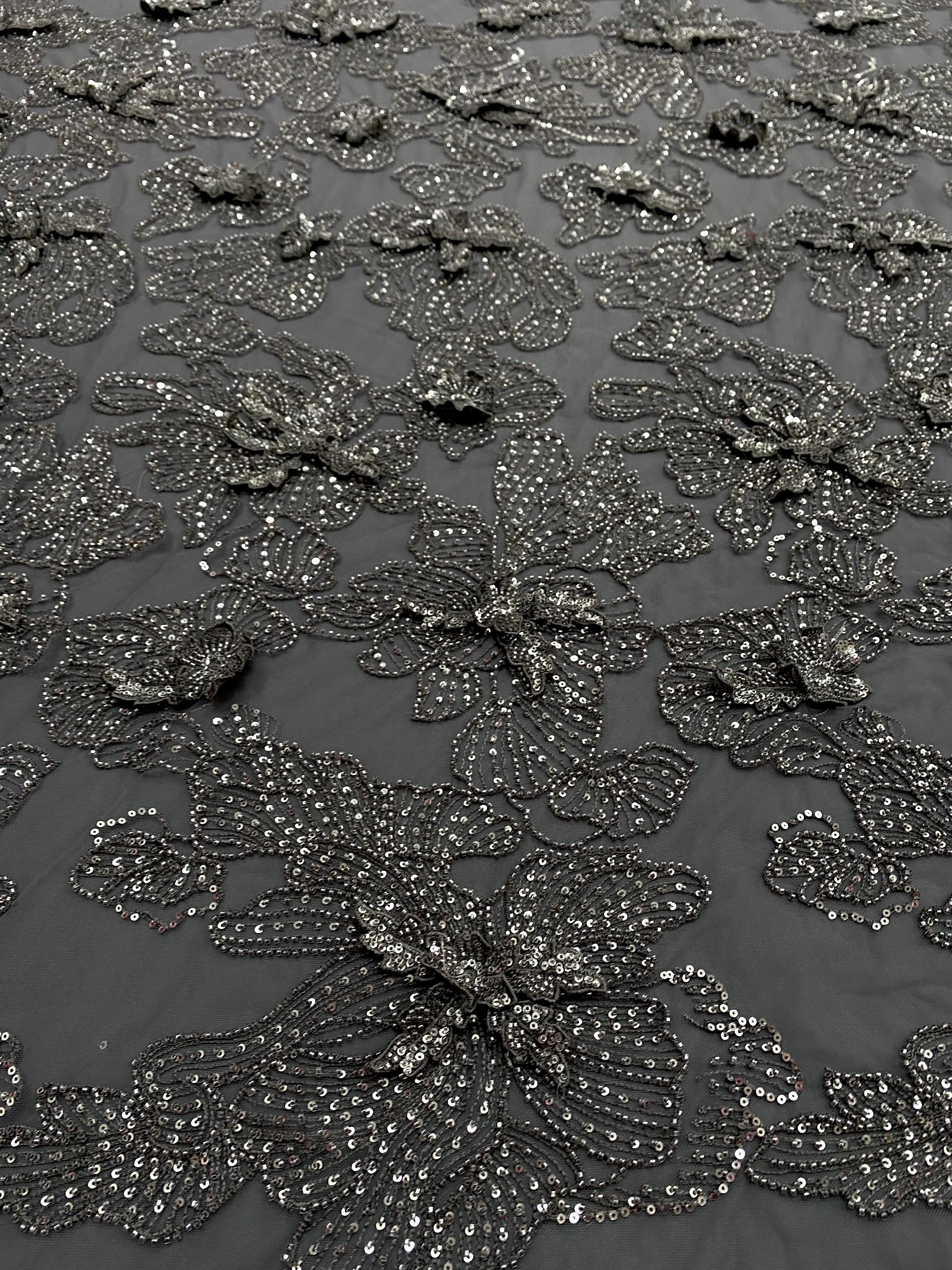 Dantela Couture 3D cu Flori Gri Antracit cu Margele si Paiete