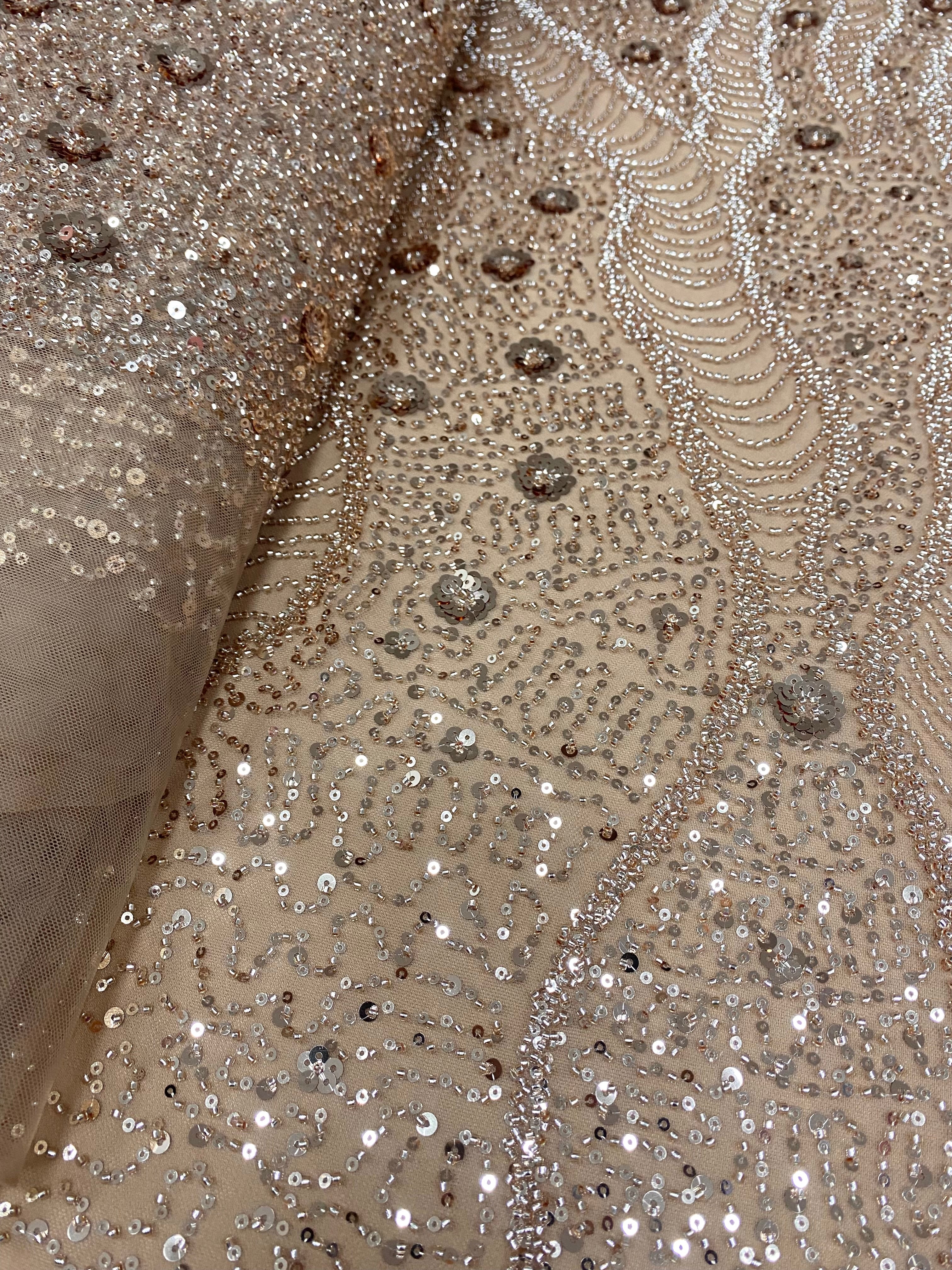 Rose Gold Couture Lace with Geometric and Floral Pattern, with Beads and Sequins