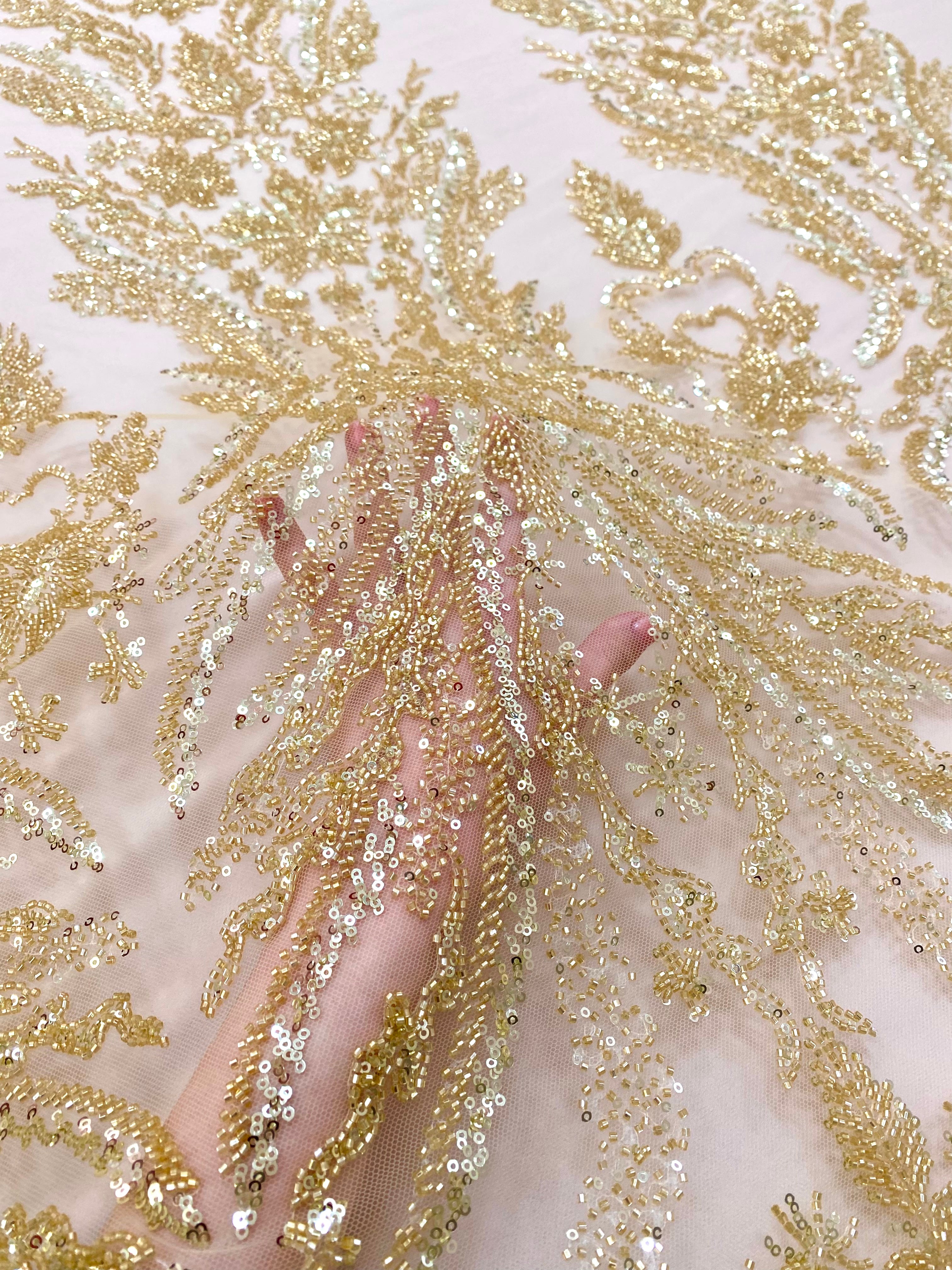 Gold Couture Lace with Floral Pattern, with Pearls, Beads and Sequins