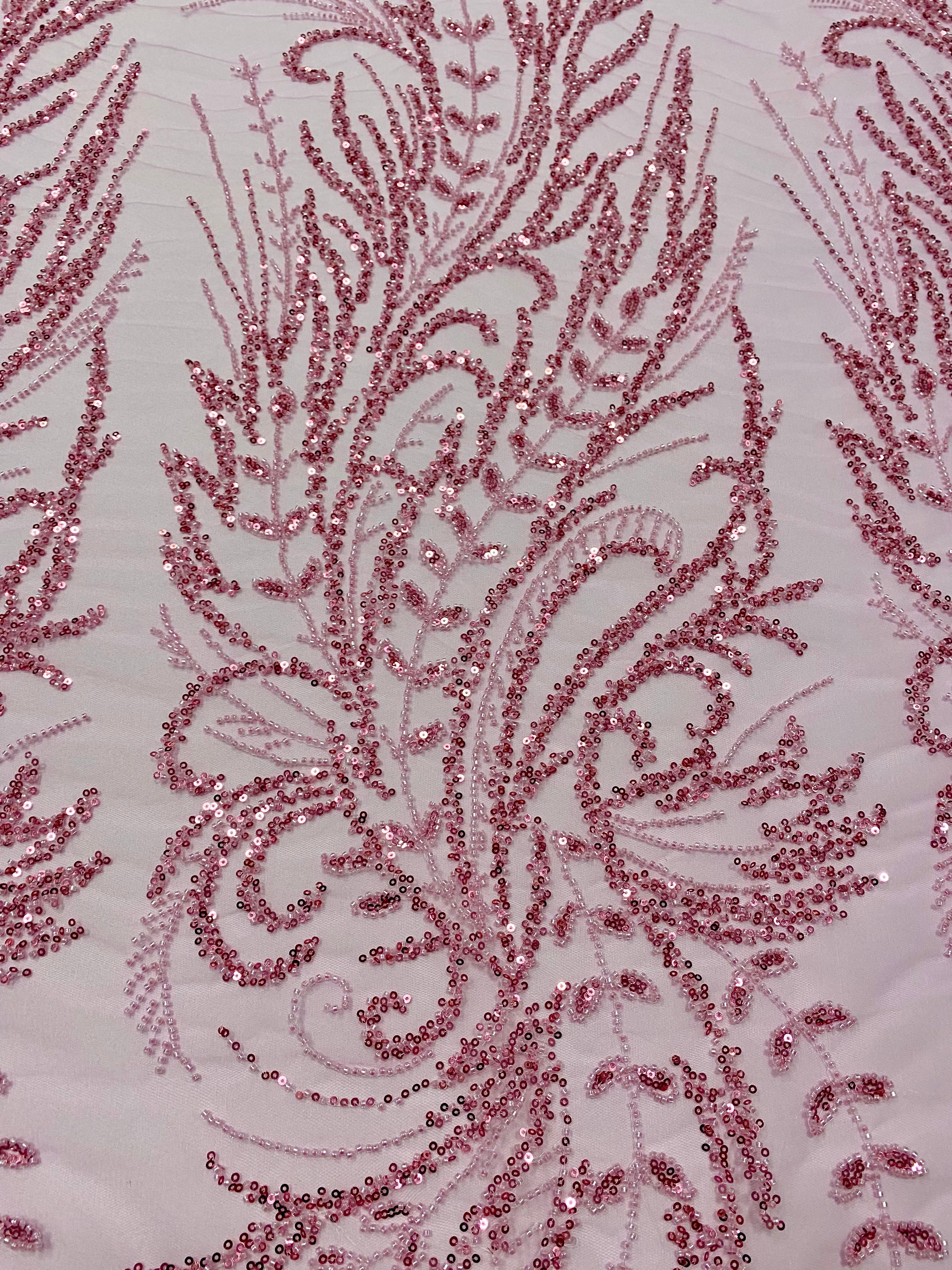Pink Couture Lace with Floral Pattern, with Beads and Sequins