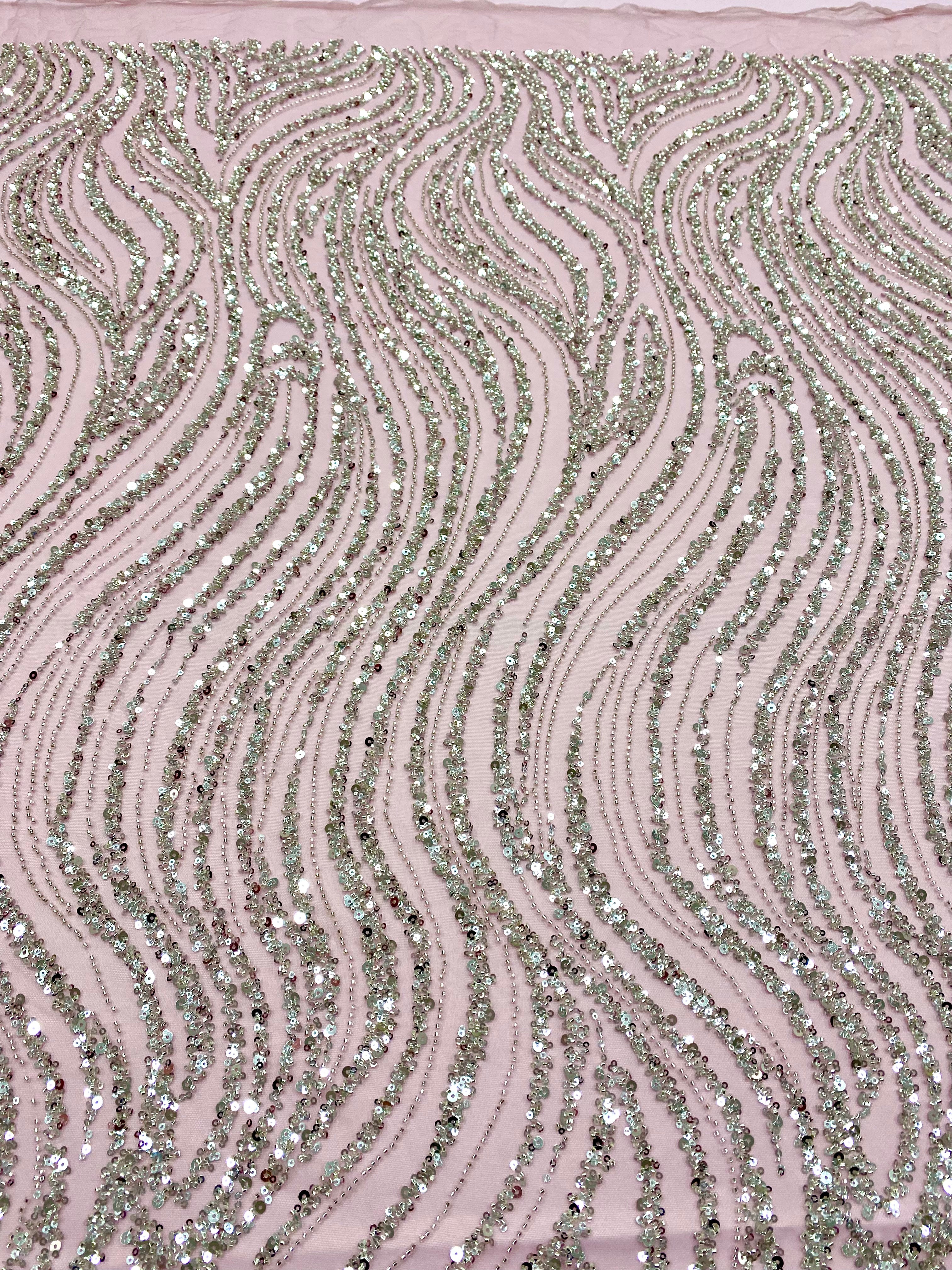 Silver Lace with Linear Pattern, with Pearls and Sequins