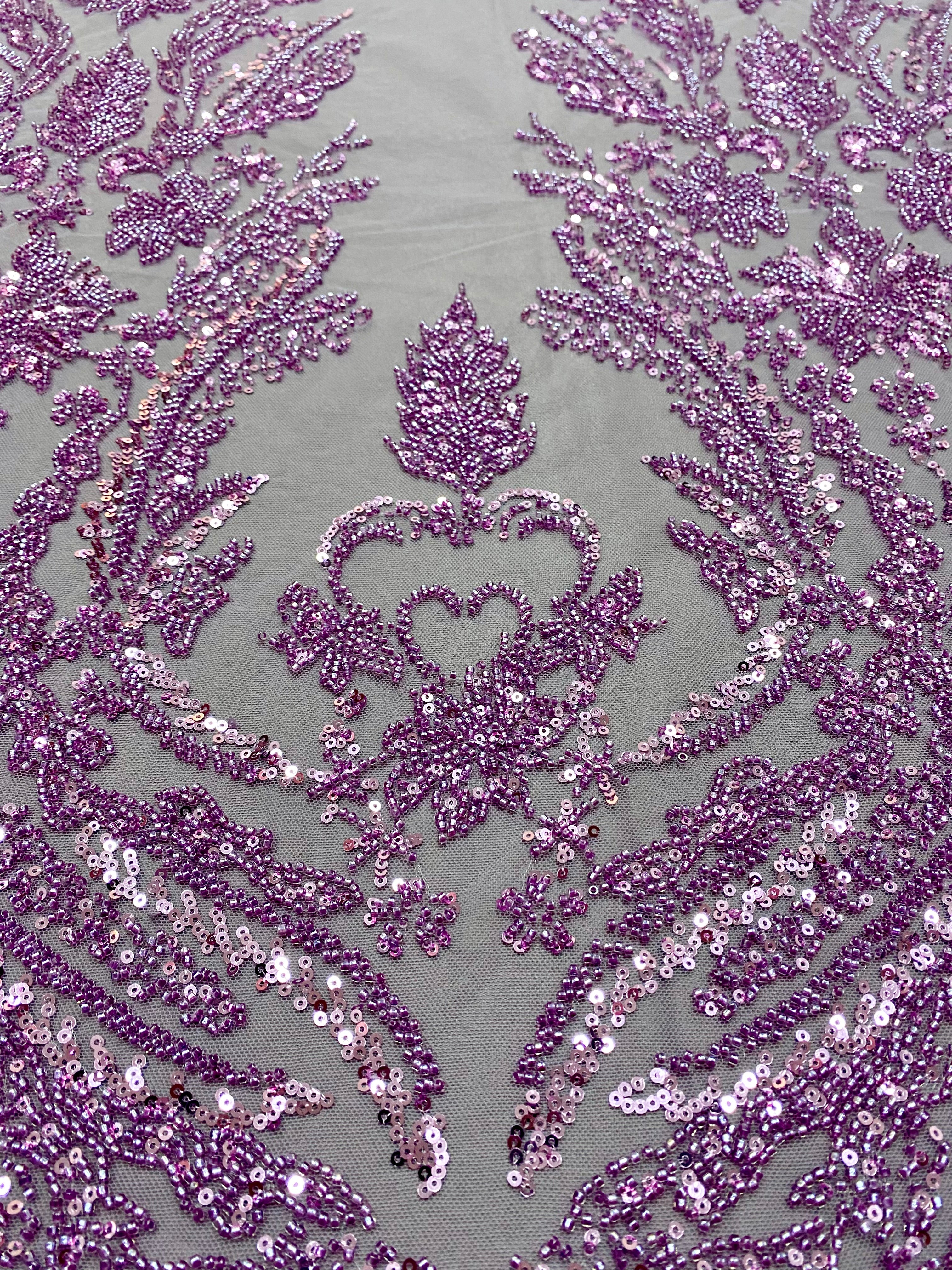 Dantela Couture Lavanda Pudrata cu Model Floral, cu Margele si Paiete