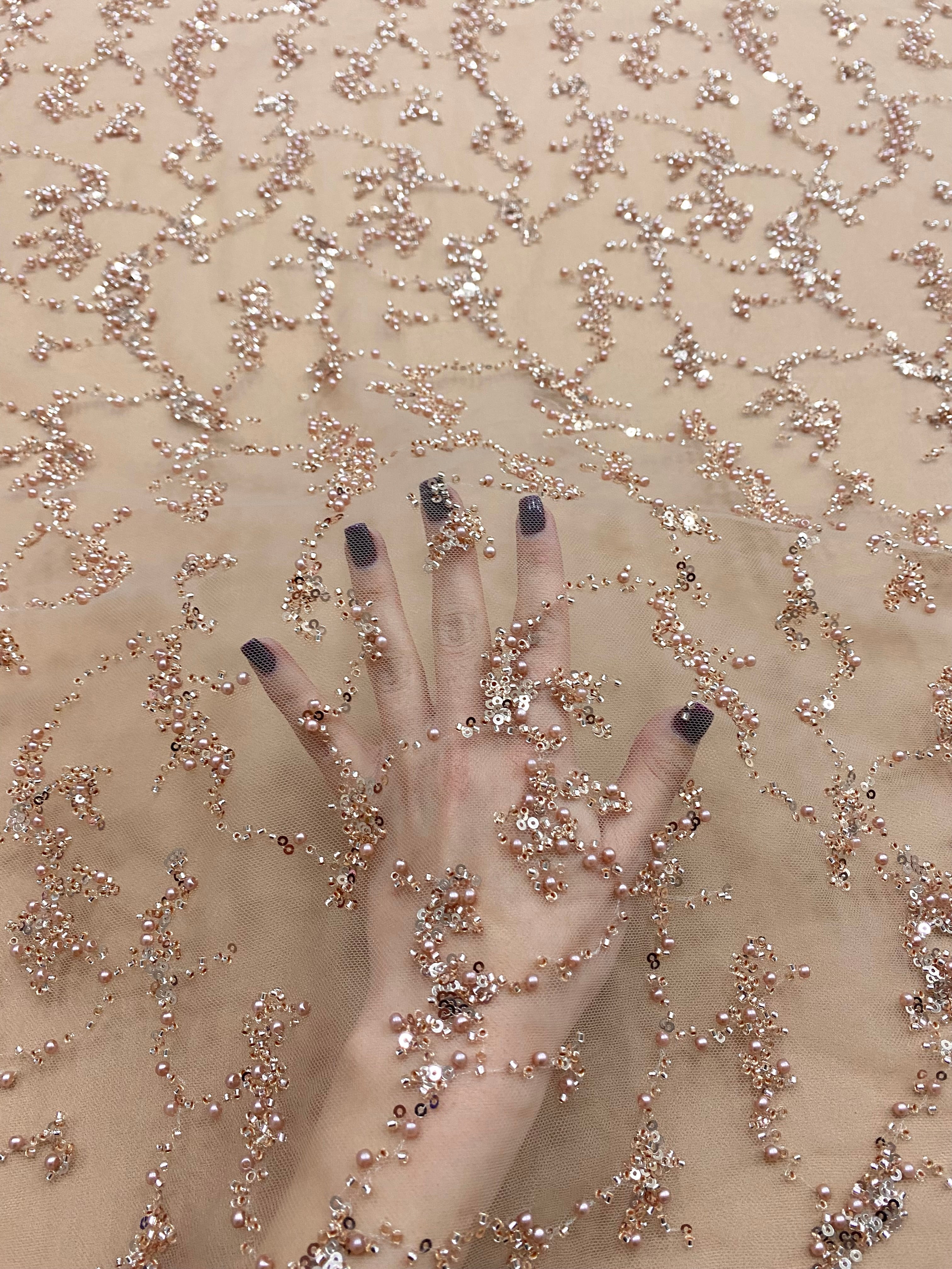 Rose Gold Couture Lace with Pearls, Beads and Sequins 