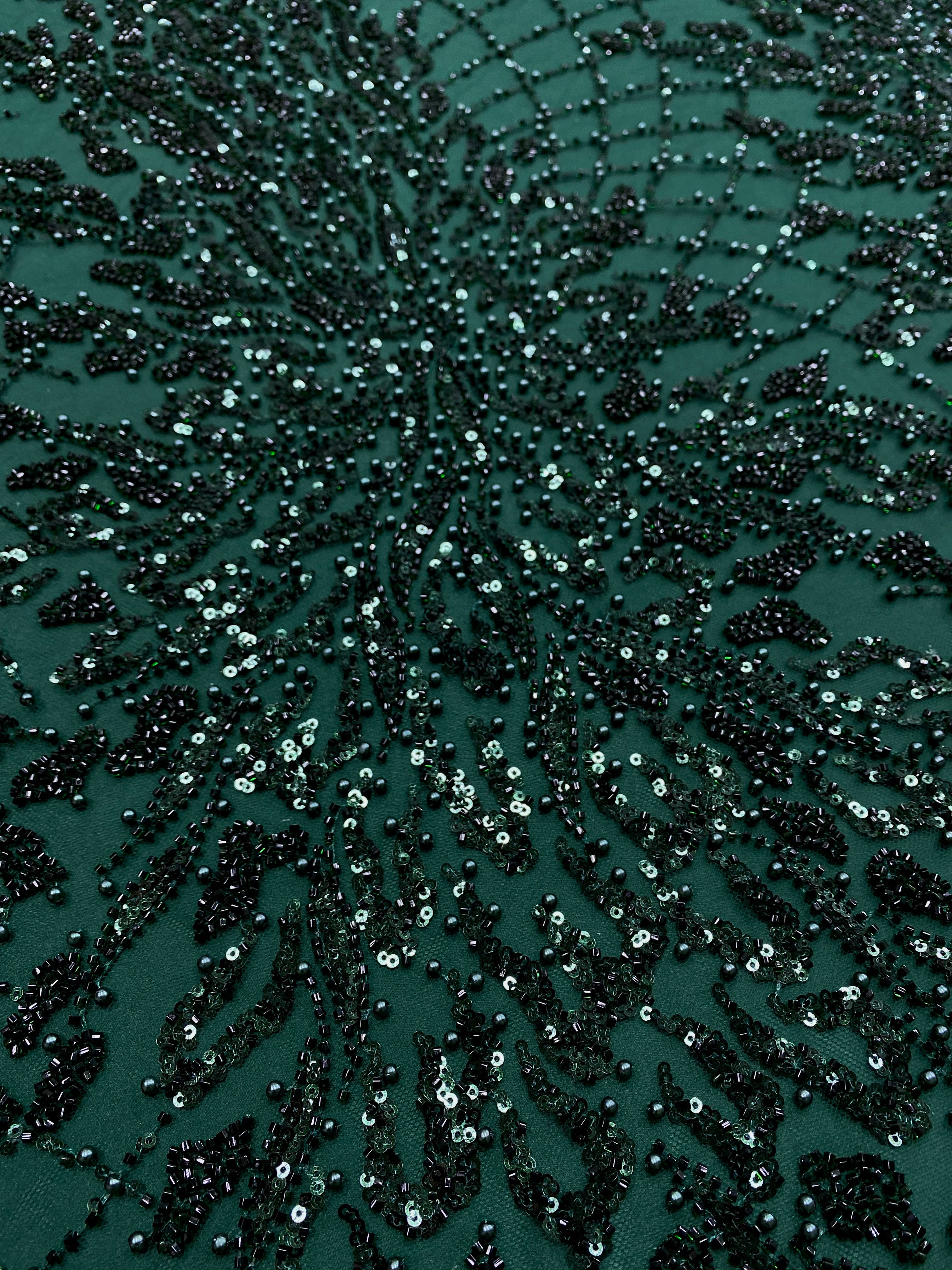 Dantela Couture Verde Inchis cu Frunze, cu Perle, Margele si Paiete