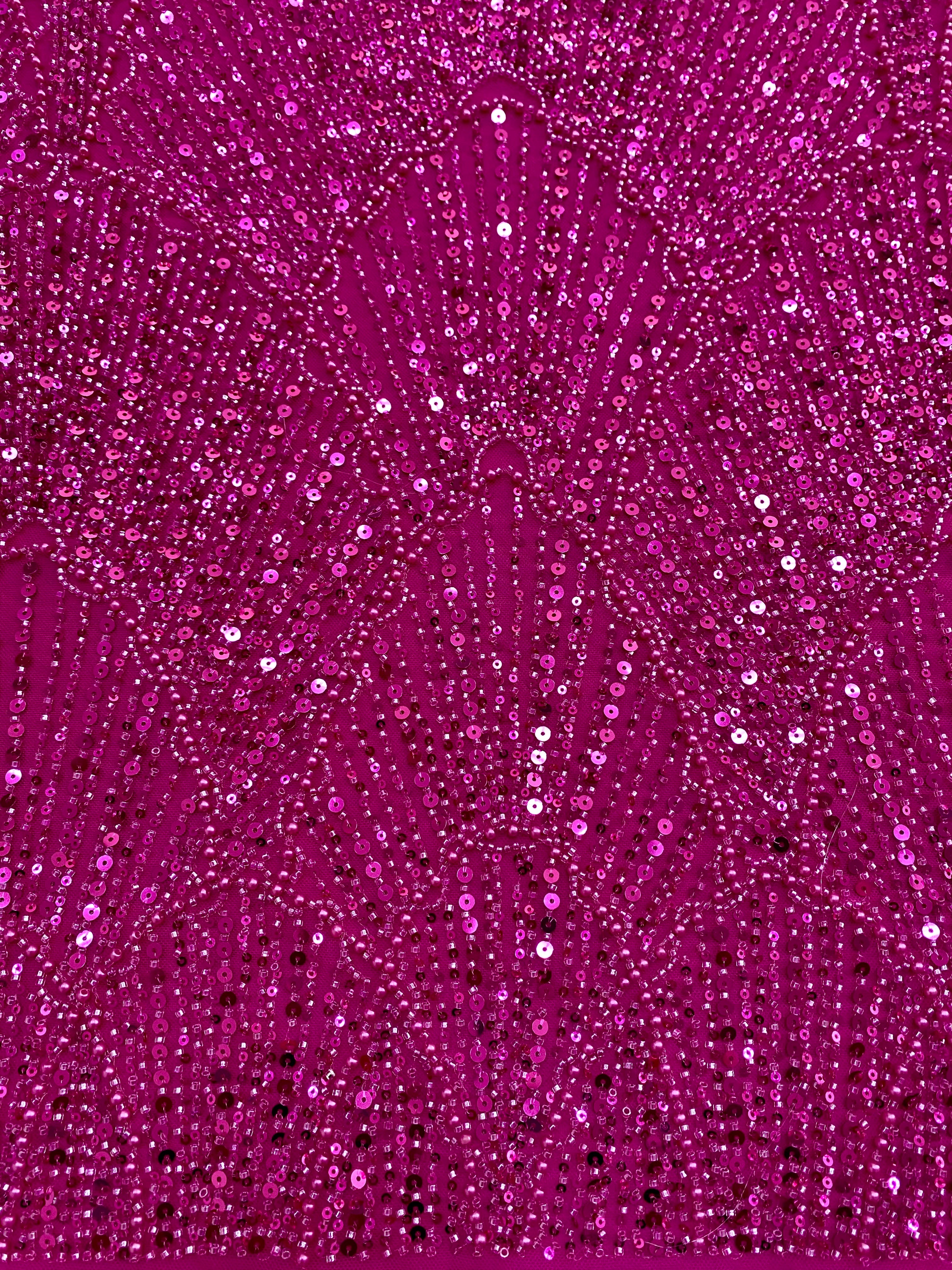 Dantela Couture Fucsia cu Model Geometric, cu Perle, Margele si Paiete