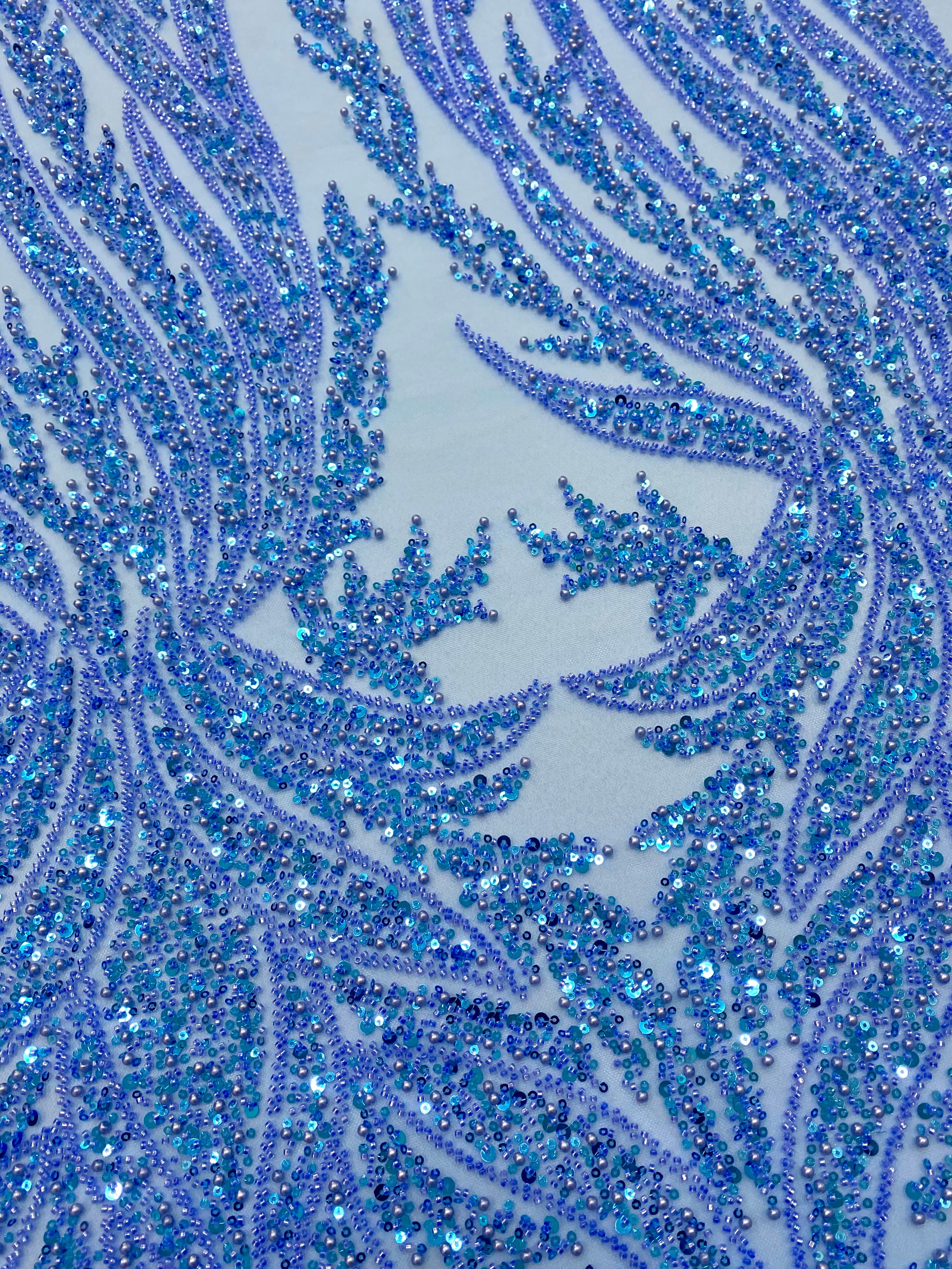 Silver Couture Lace on Blue Tulle, with Symmetrical Pattern, with Beads and Sequins 