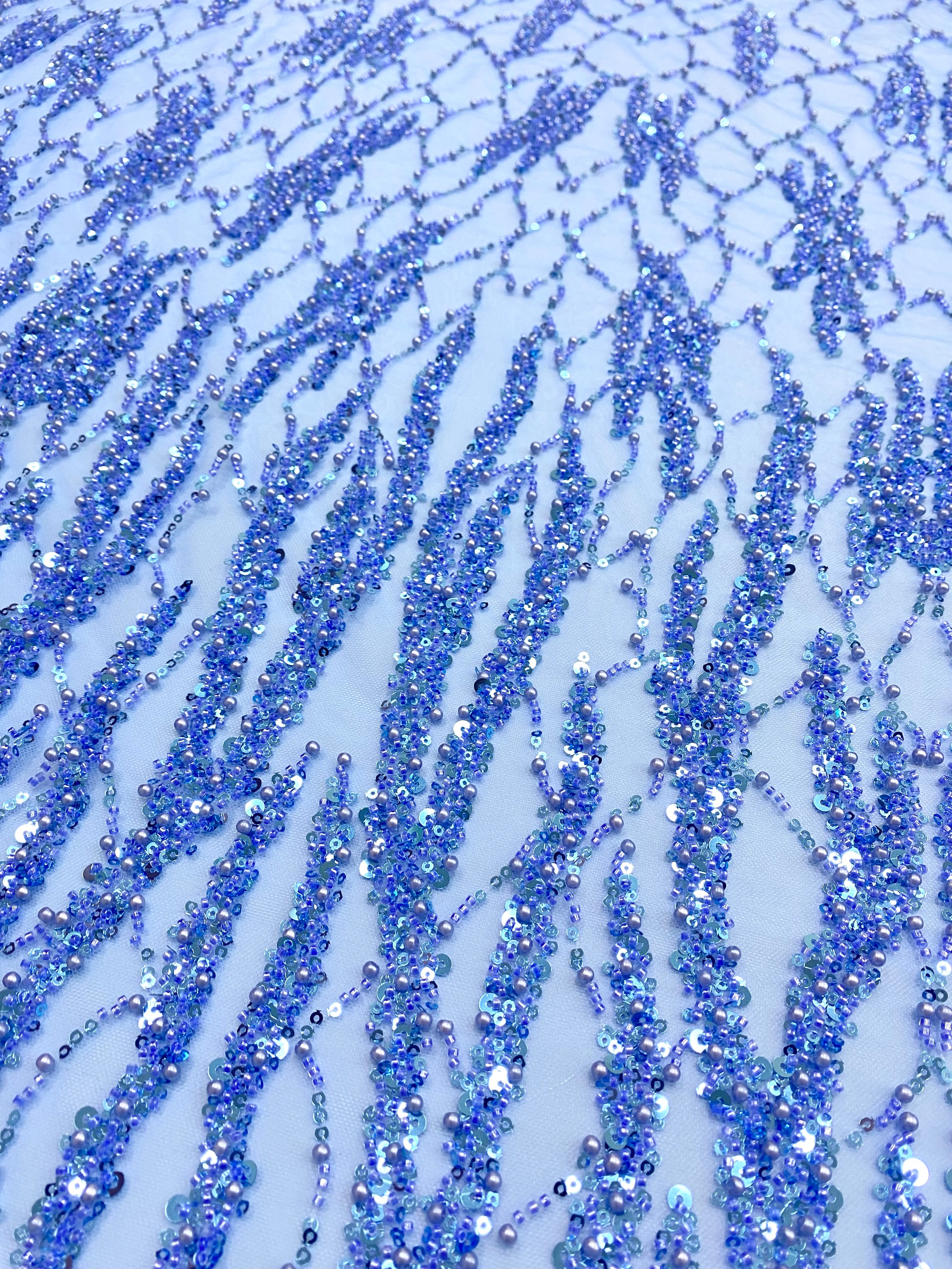 Silver Lace with Nude Tulle with Linear Pattern, Beads and Sequins