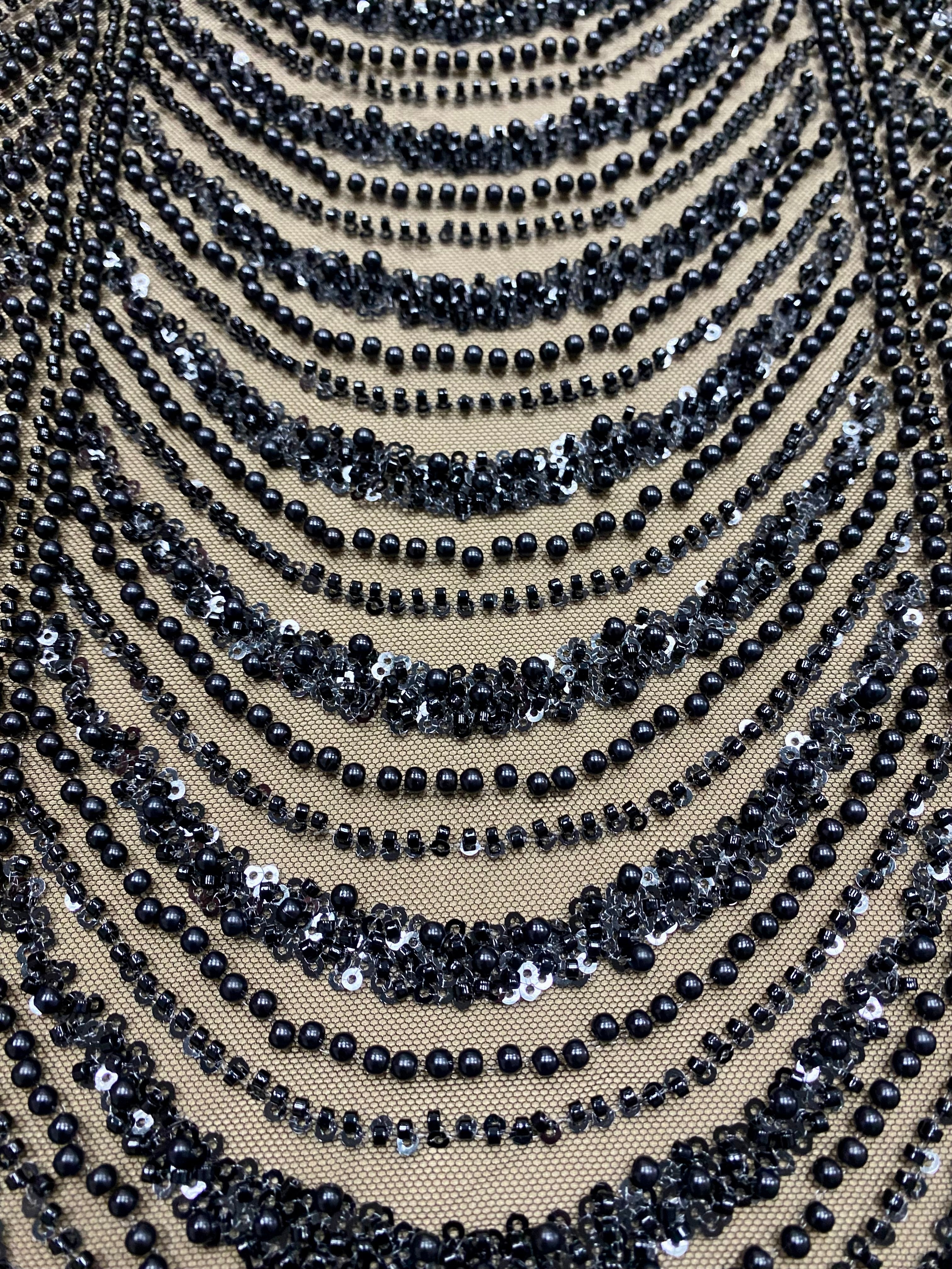 Black Couture Lace with Geometric Pattern, with Pearls, Beads and Sequins