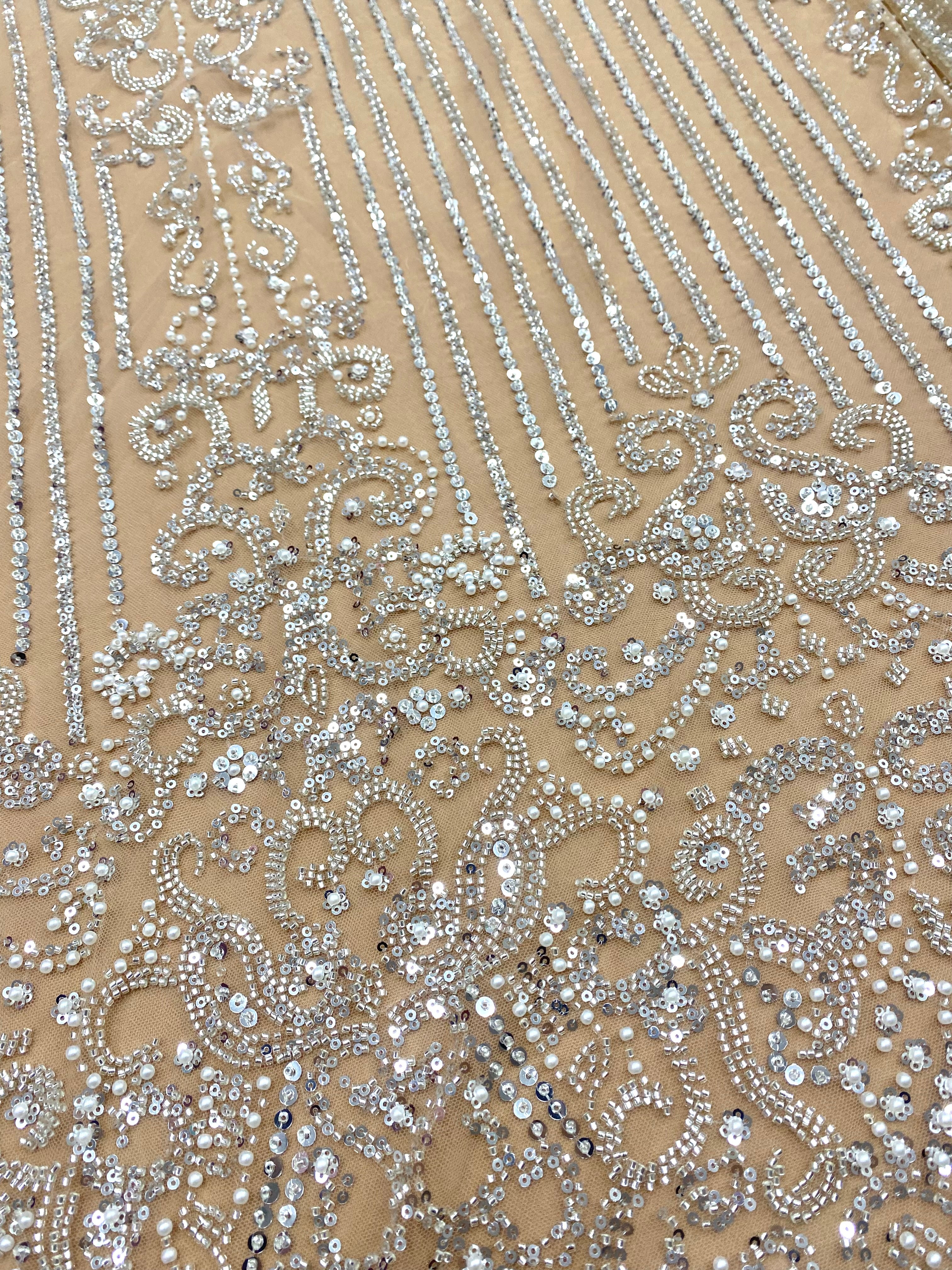 Silver Couture Lace on Nude Tulle with Geometric Pattern, with Pearls, Beads and Sequins