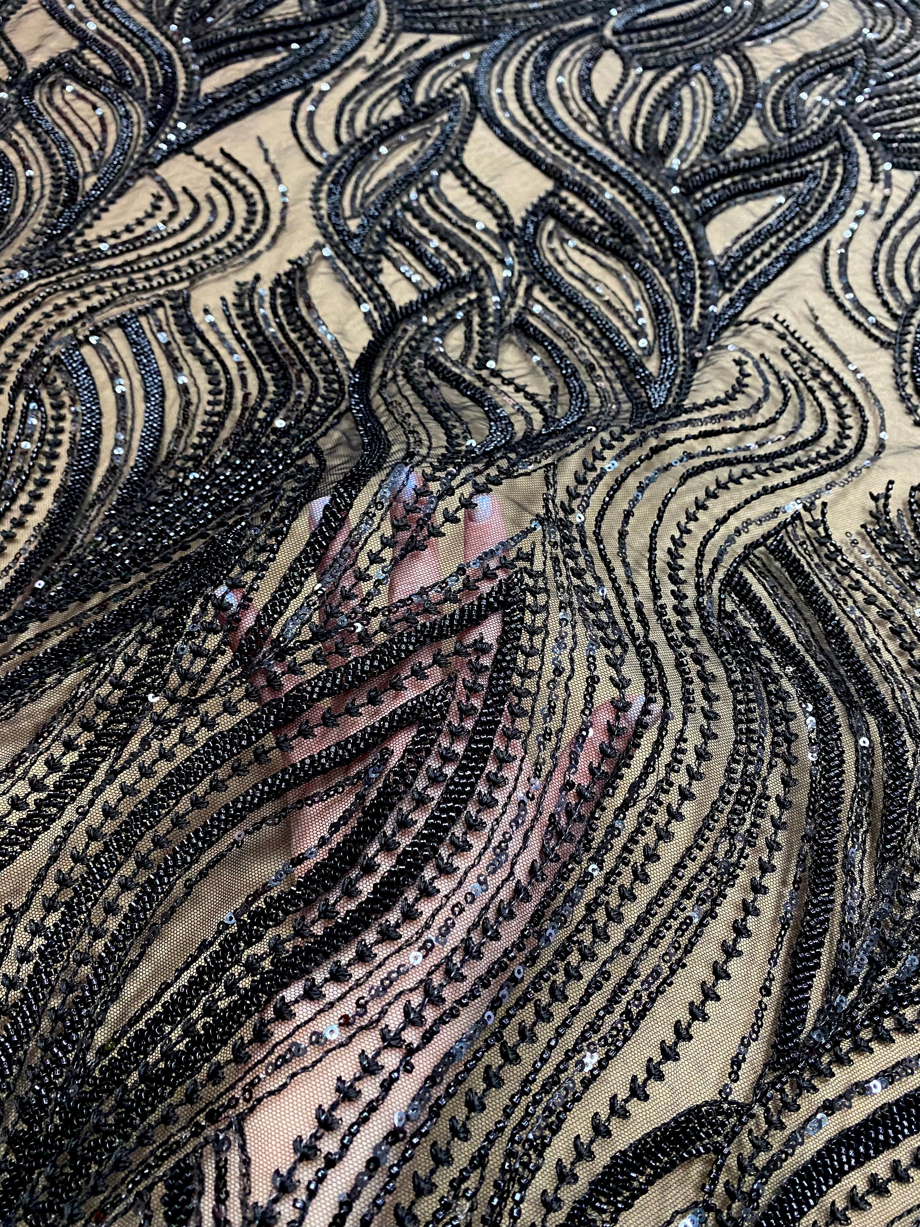 Ivory Lace with Linear Pattern, with Pearls and Sequins