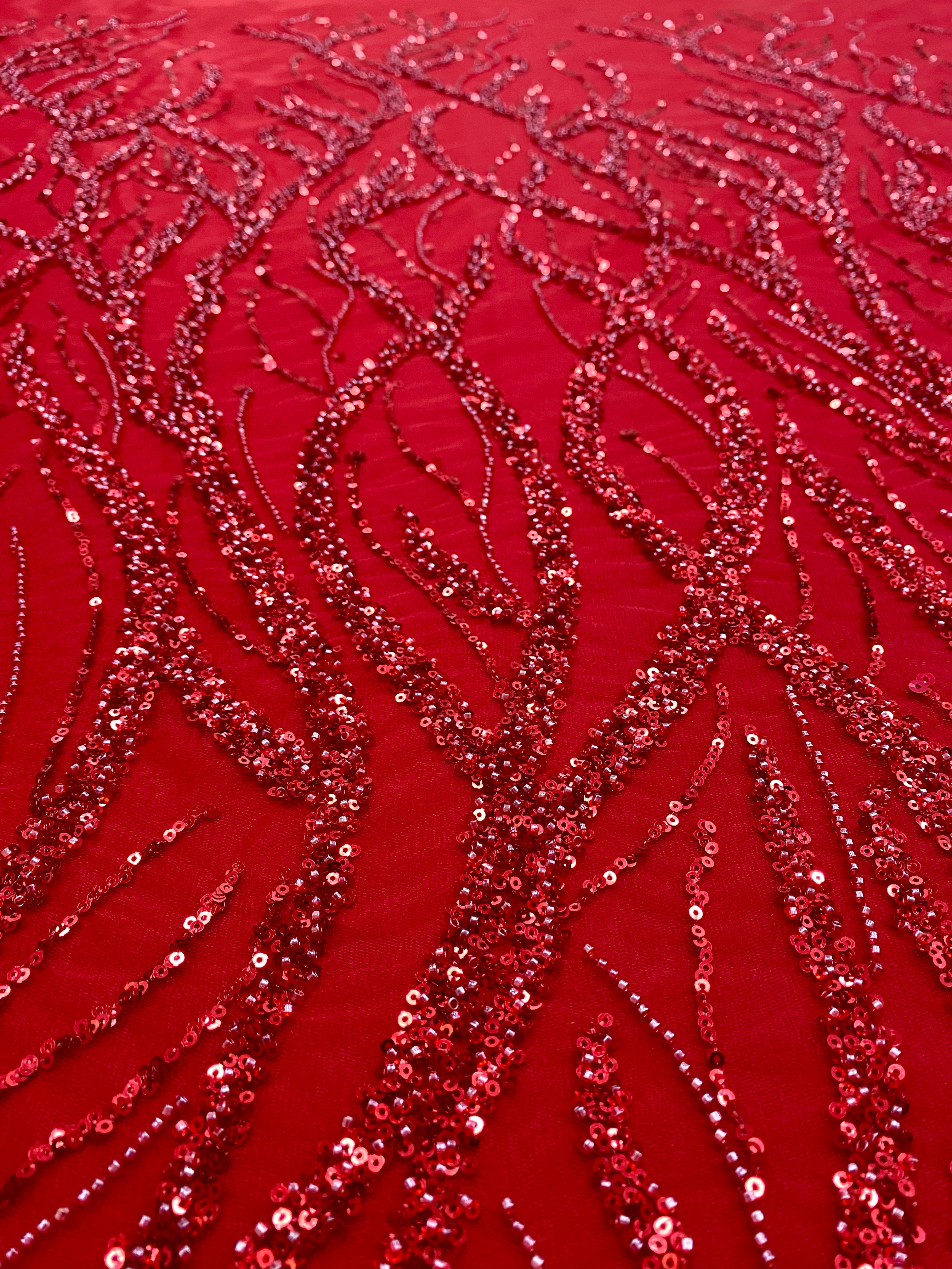 Red Couture Lace with Strings, Beads and Sequins