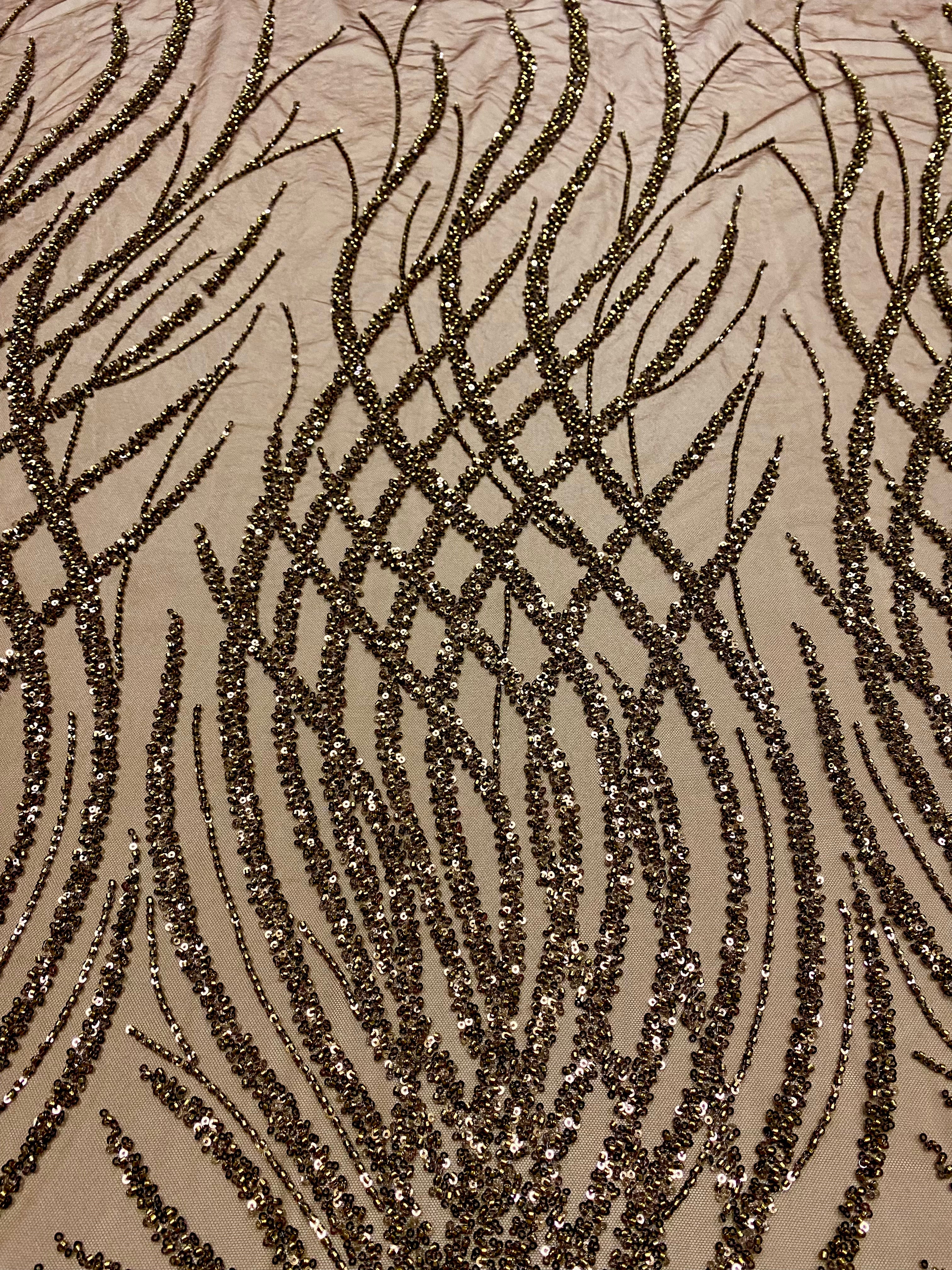 Brown Lace with Geometric Pattern, with Beads and Sequins