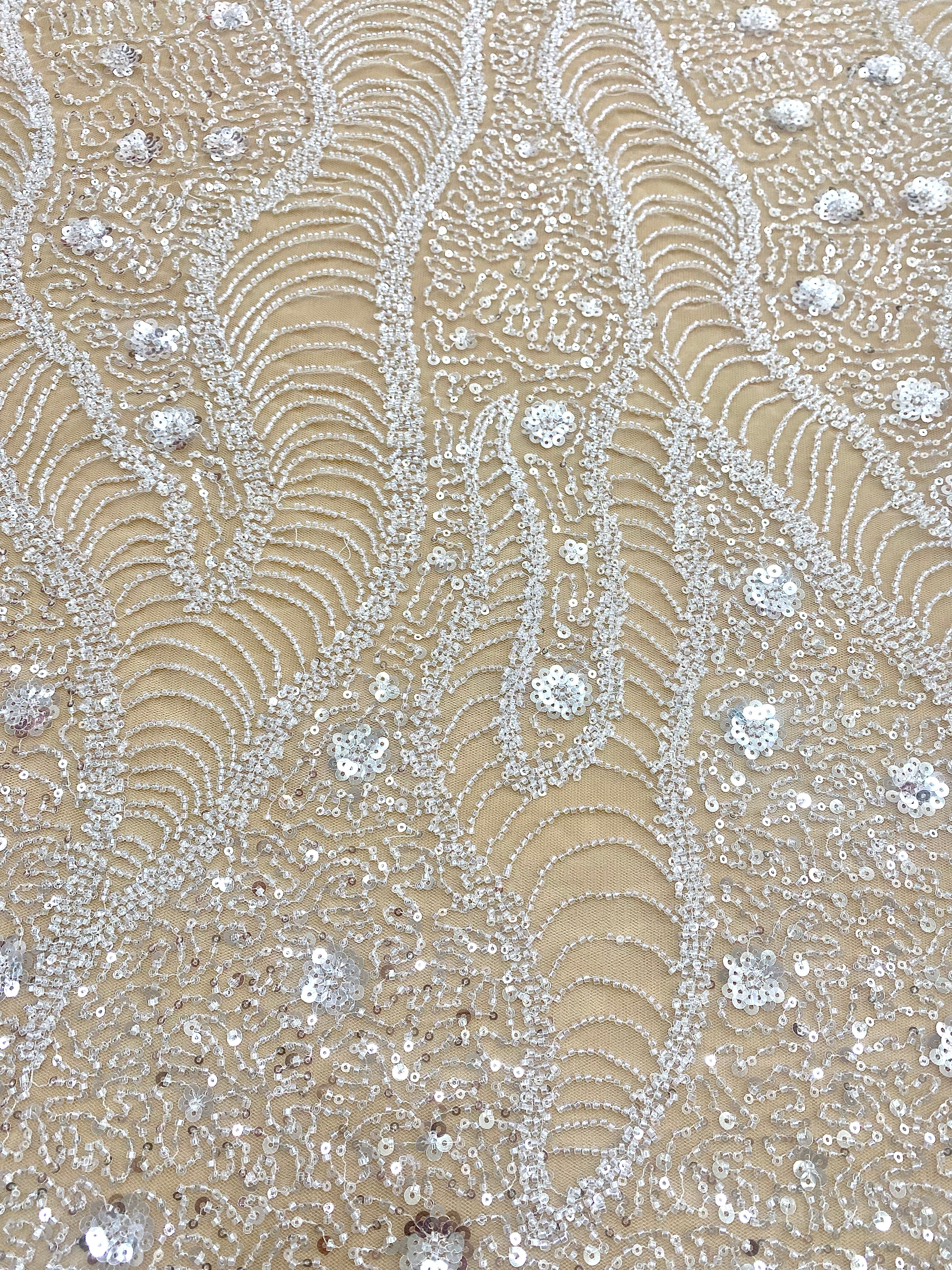 Silver Lace with Linear Pattern, with Pearls and Sequins