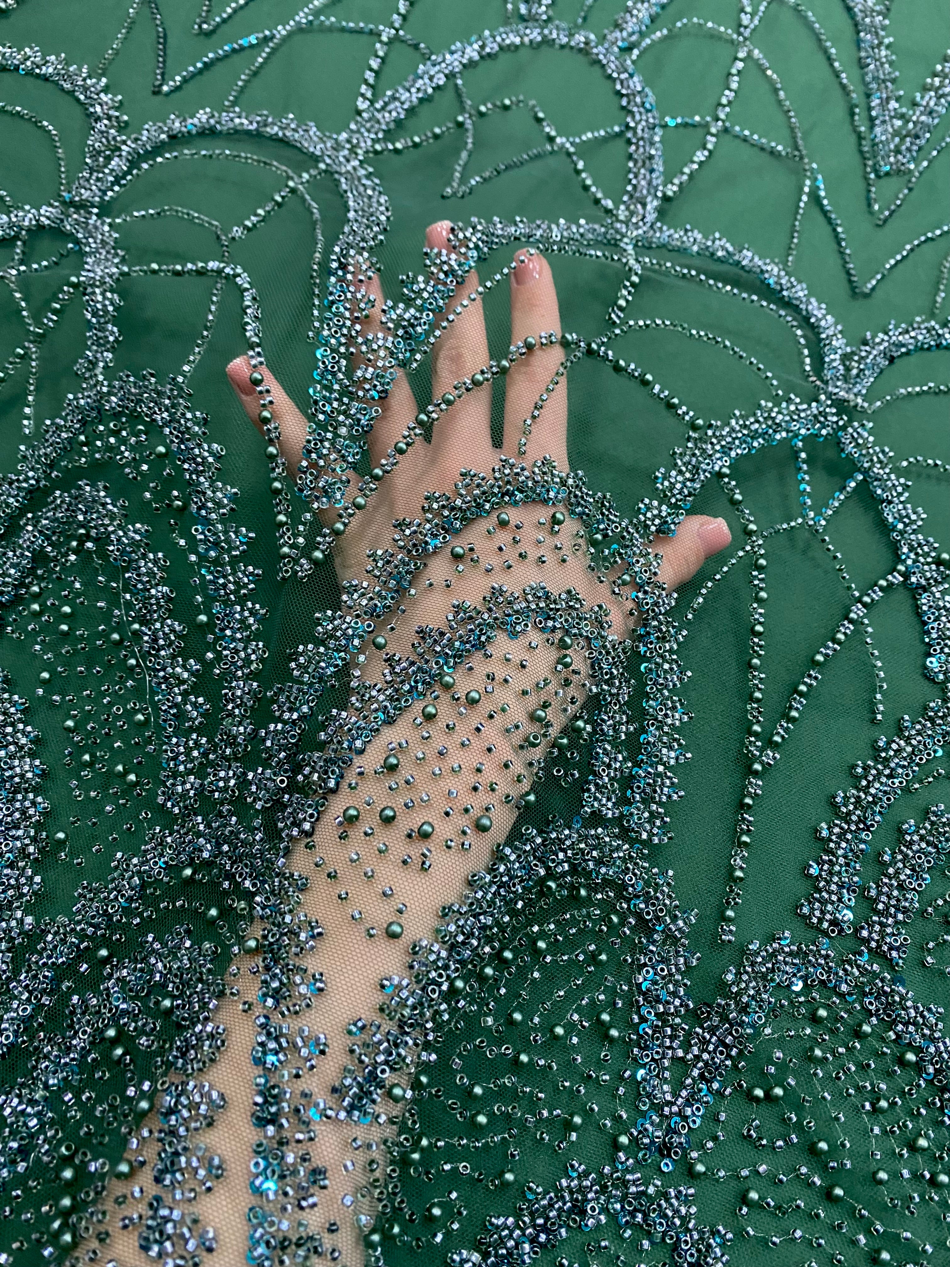 Emerald Green Couture Lace with Geometric Pattern, with Pearls, Beads and Sequins