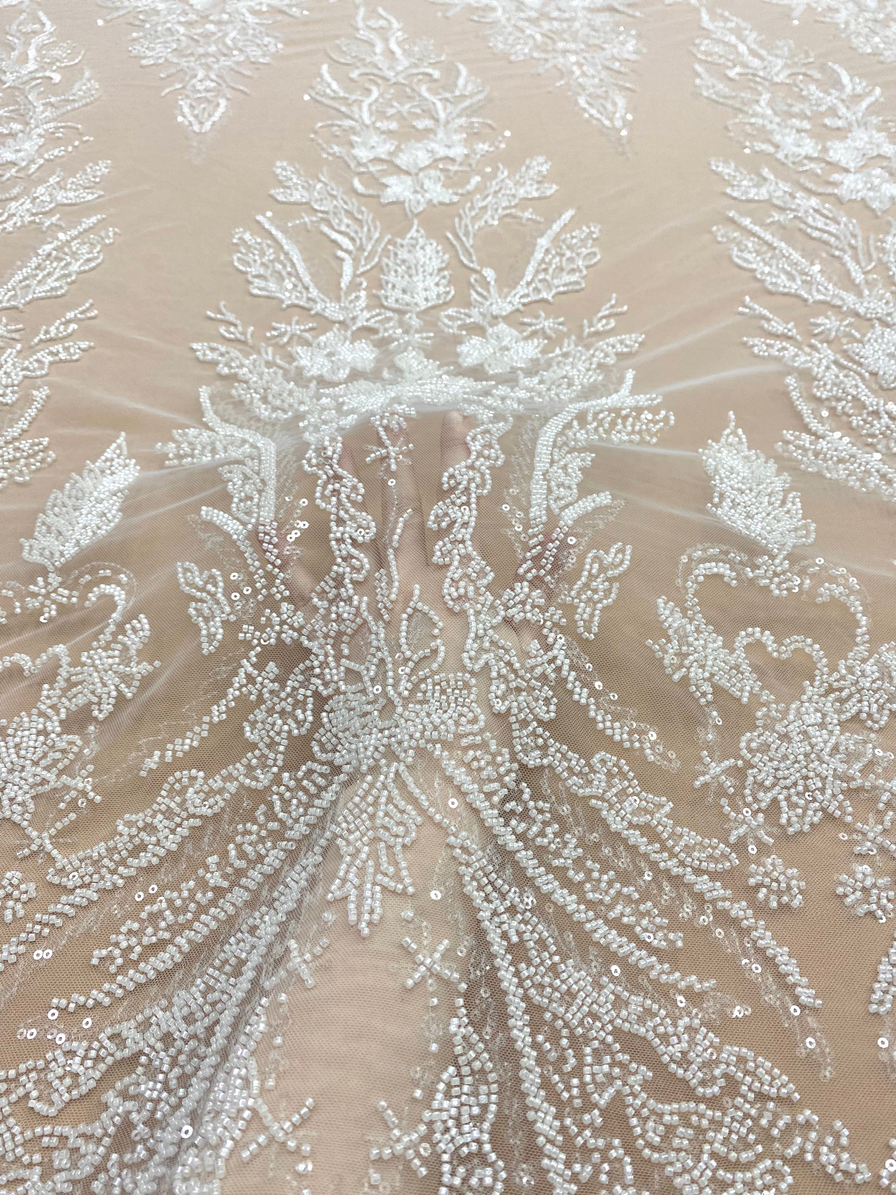 Ivory Couture Lace with Floral Pattern, Beads and Sequins