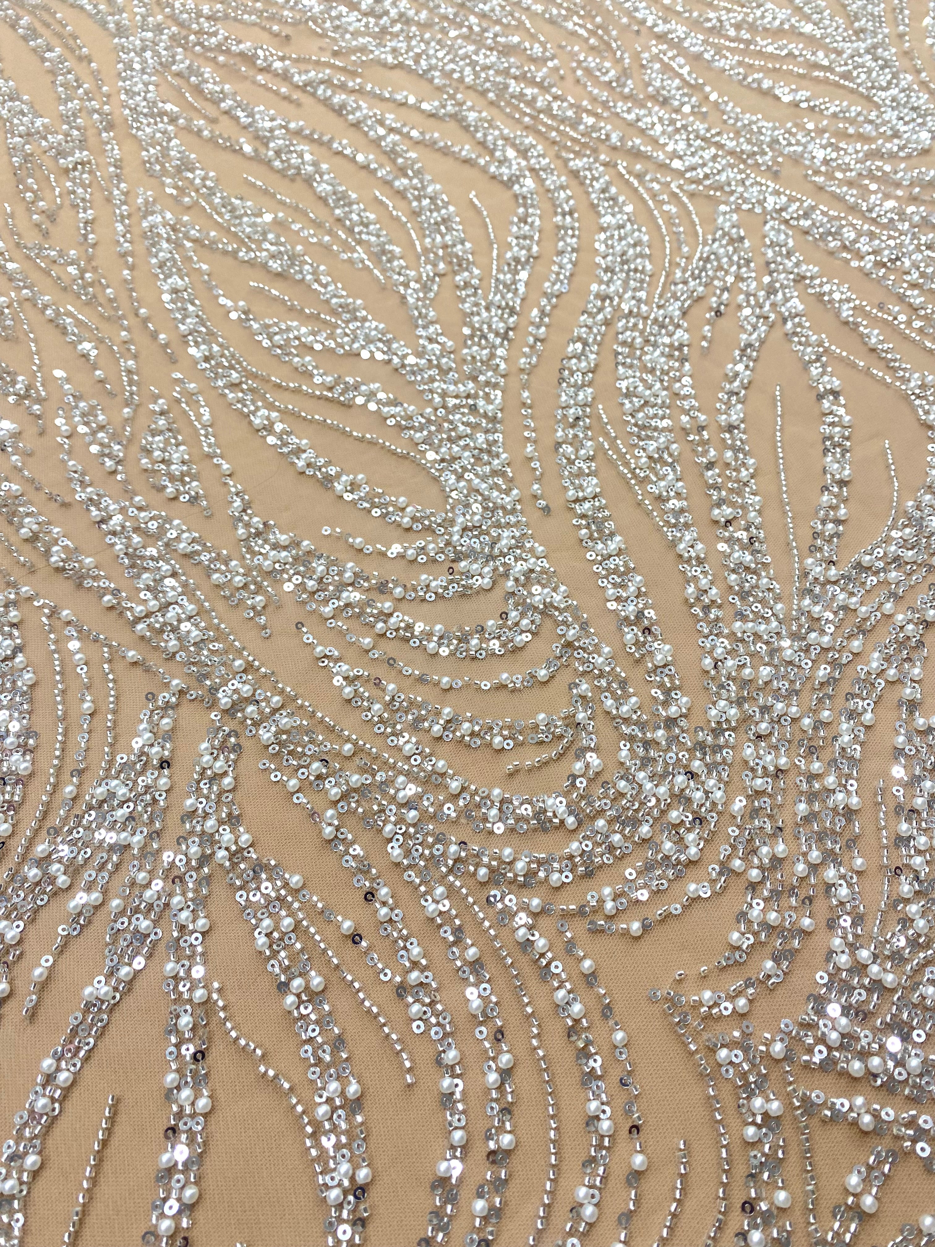 Silver Couture Lace on Nude Tulle with Geometric Pattern, with Pearls, Beads and Sequins