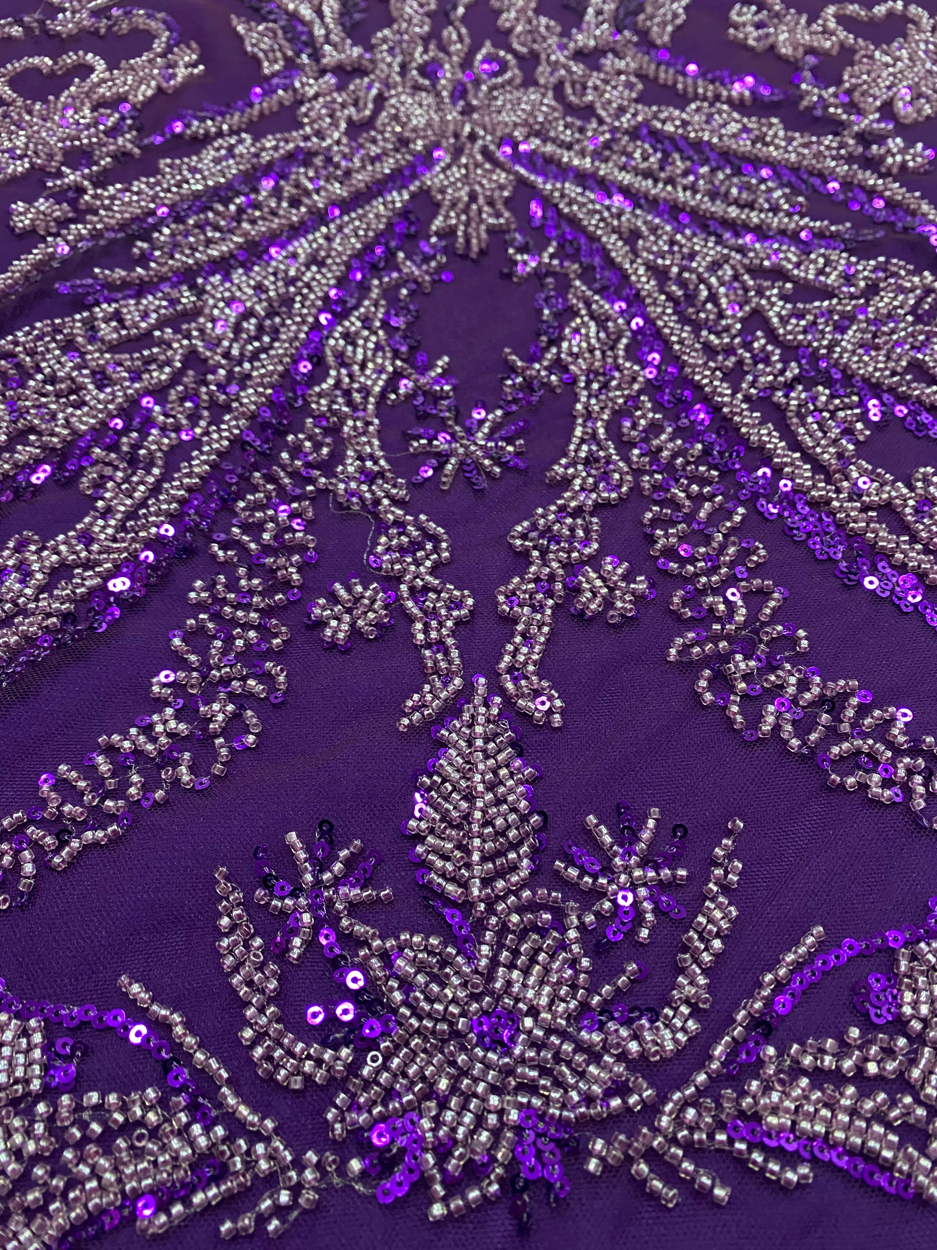 Dantela Couture Mov Inchis cu Model Floral, cu Margele si Paiete