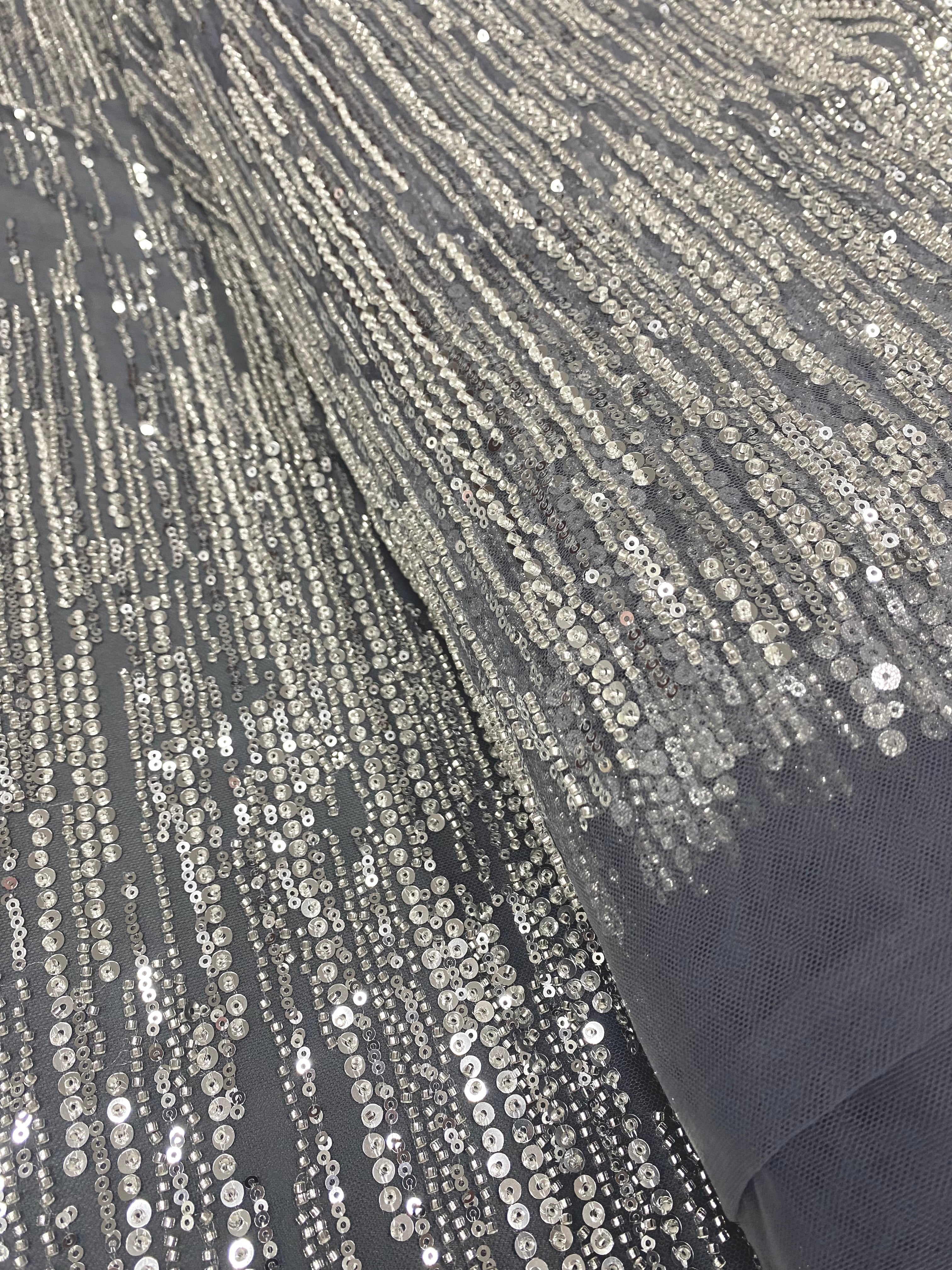 Silver Couture Lace on Anthracite Grey Tulle with Linear Pattern, Beads and Sequins