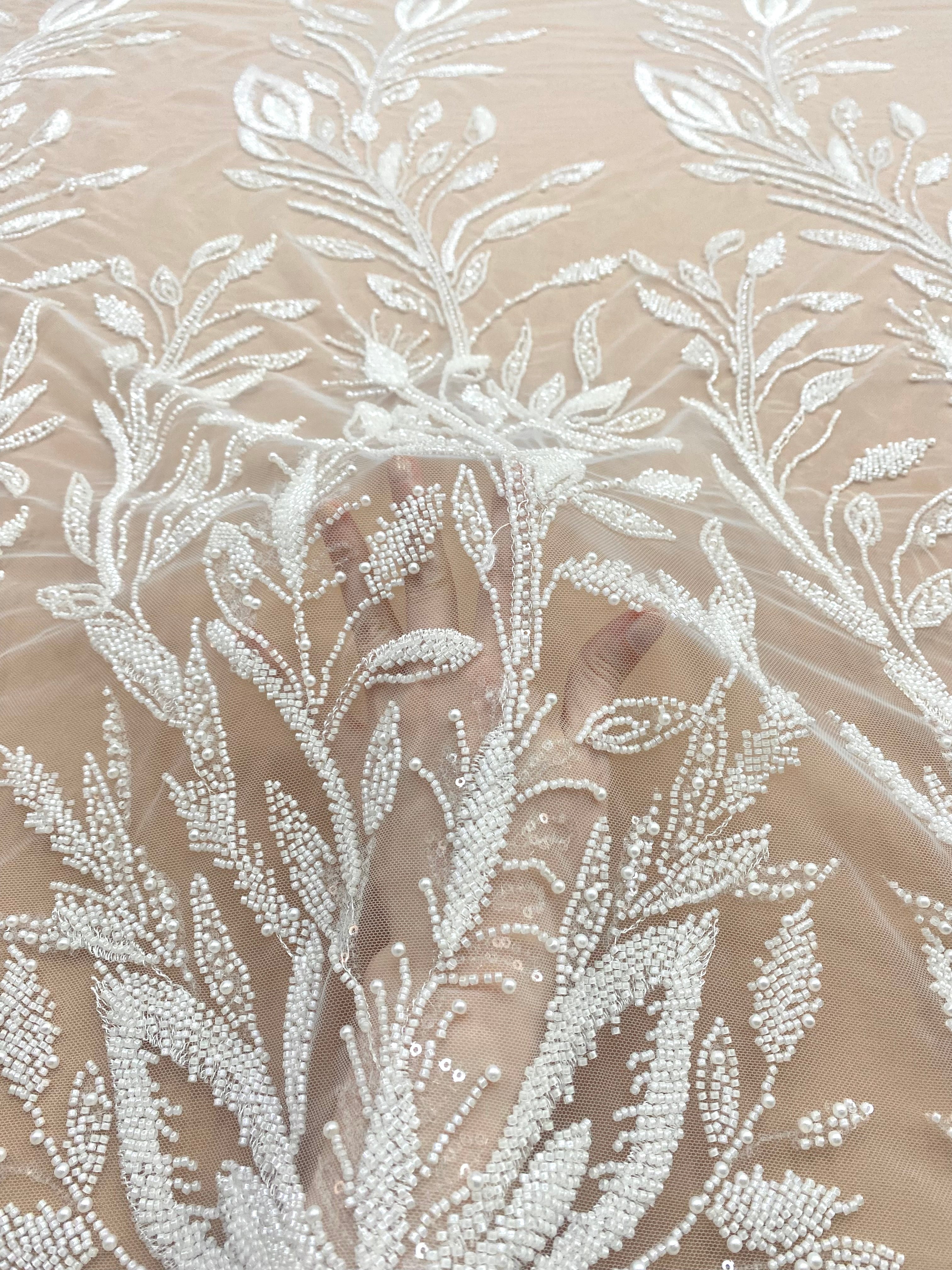 Ivory Couture Lace with Floral Pattern, Pearls, Beads and Sequins