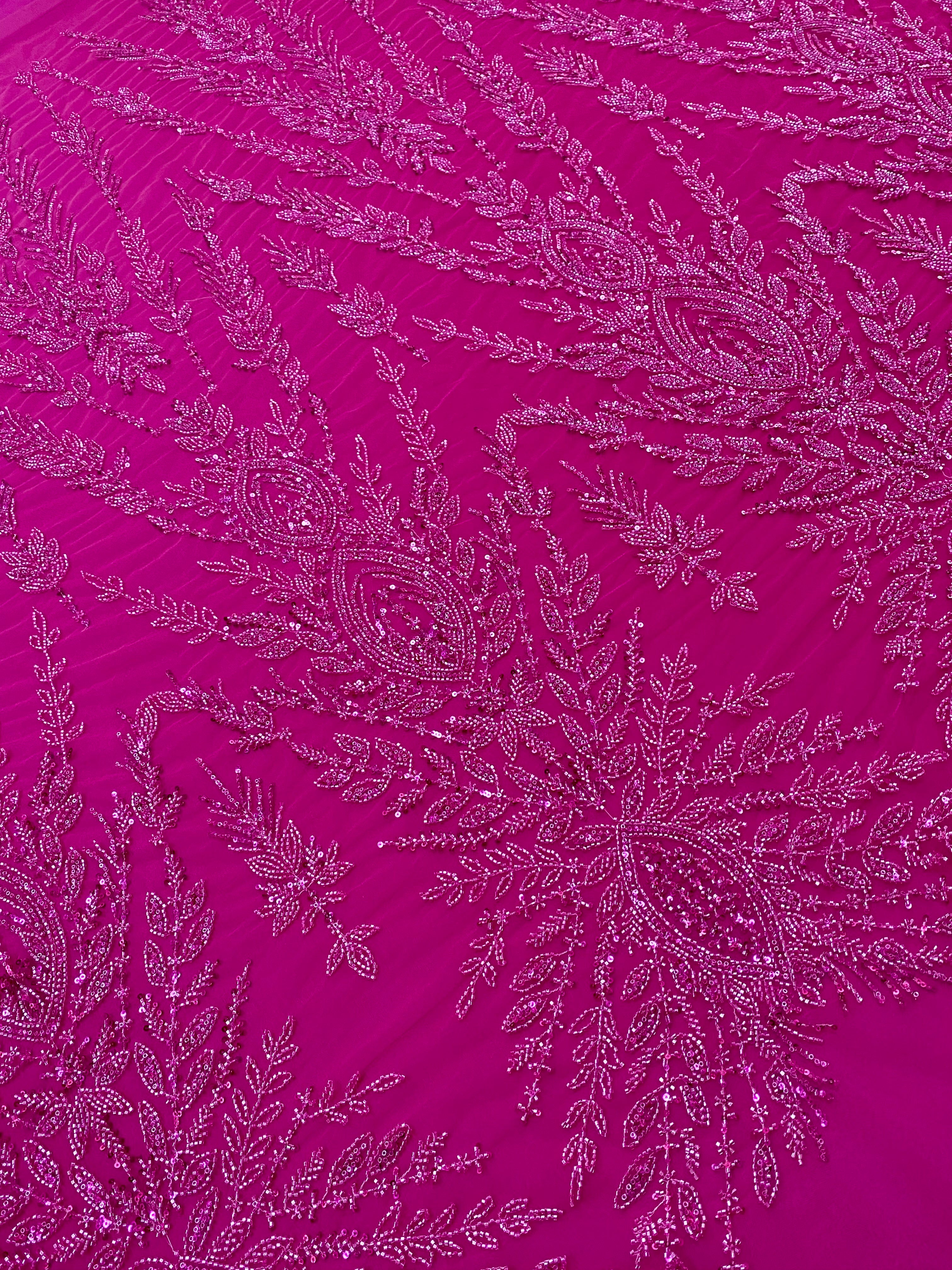 Fuchsia Couture Lace with Symmetrical Pattern, Beads and Sequins 