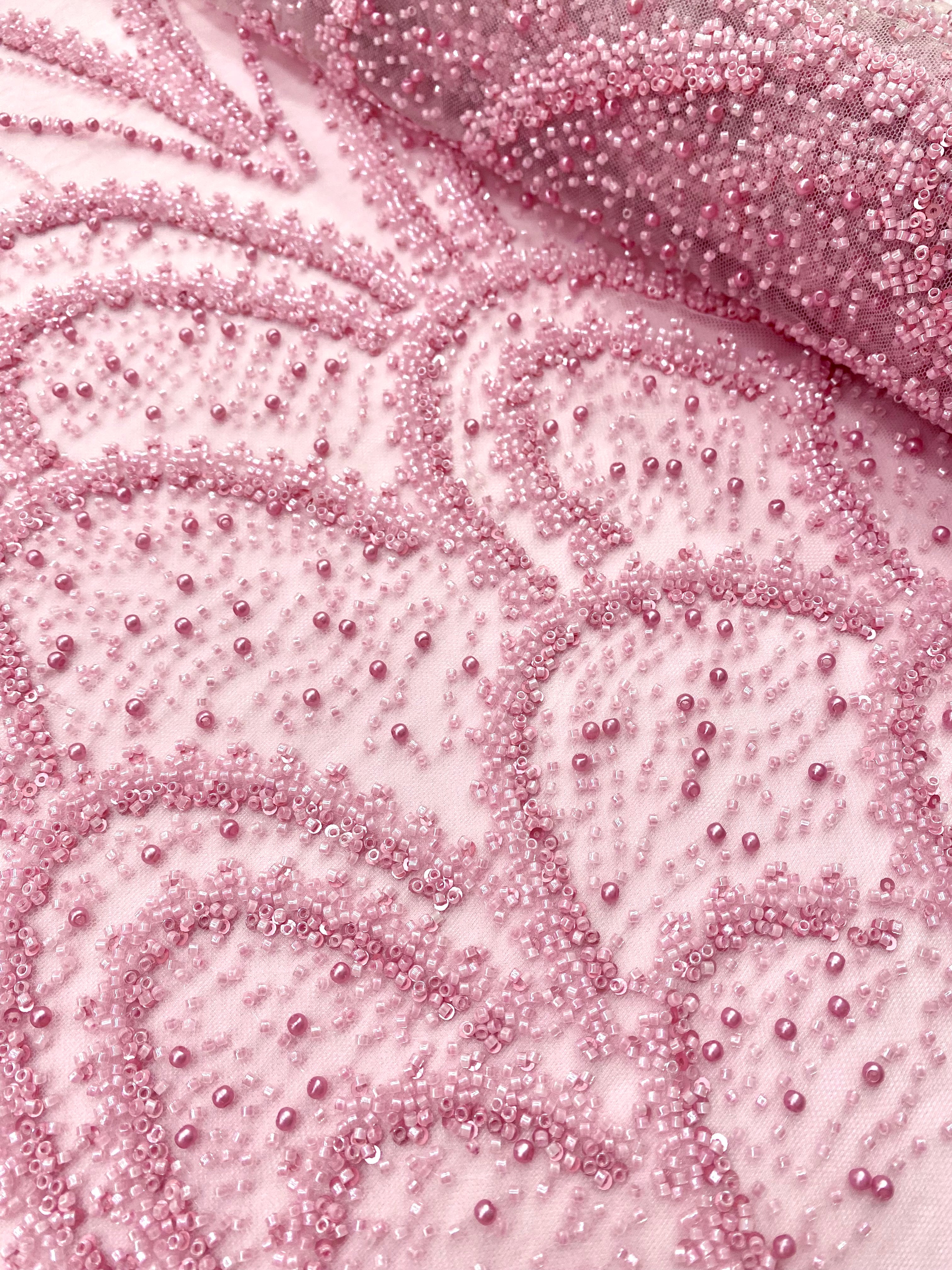 Pink Couture Lace with Geometric Pattern, with Pearls, Beads and Sequins