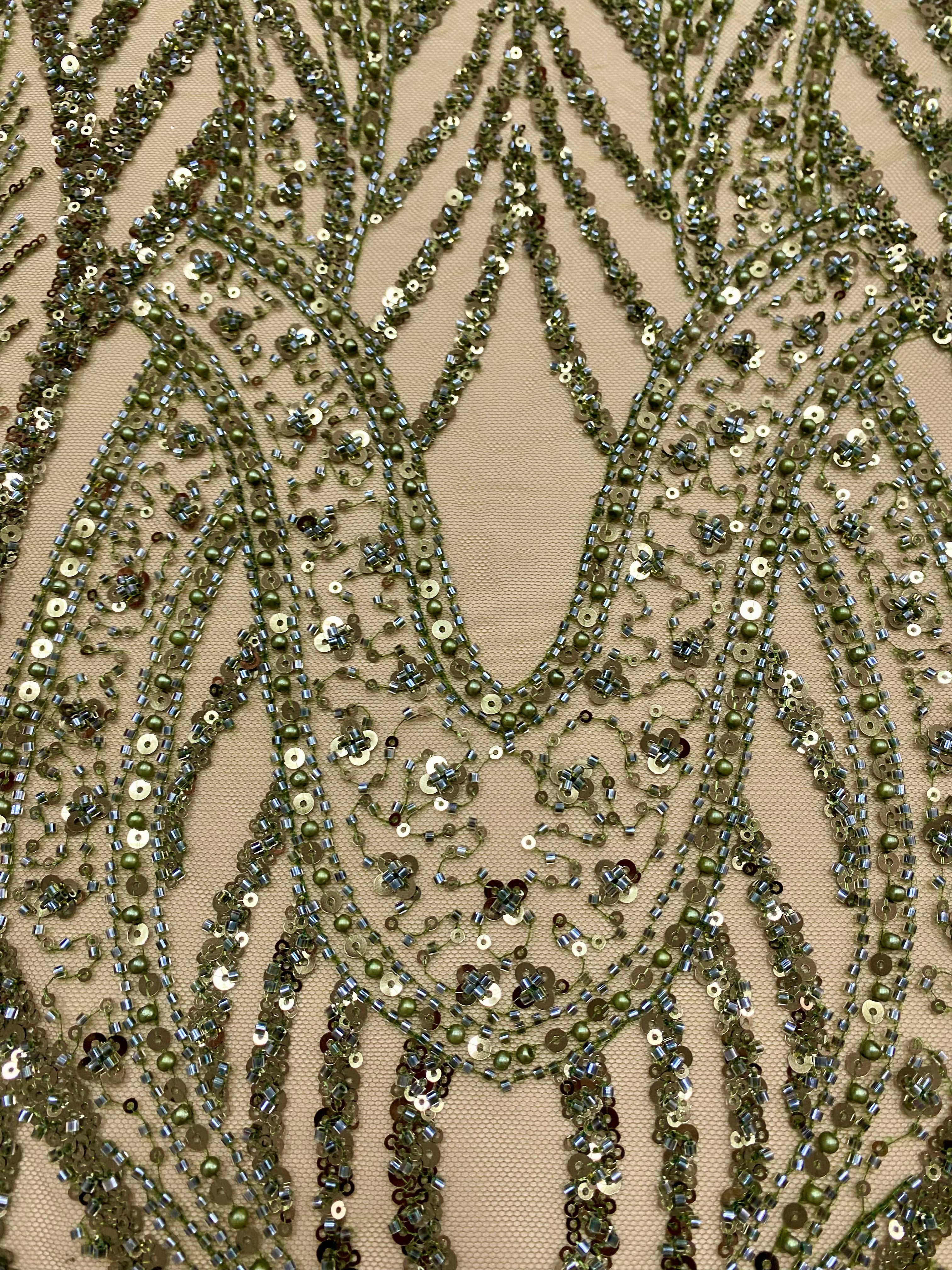 Dantela Couture Olive cu Model Geometric, cu Perle, Margele si Paiete