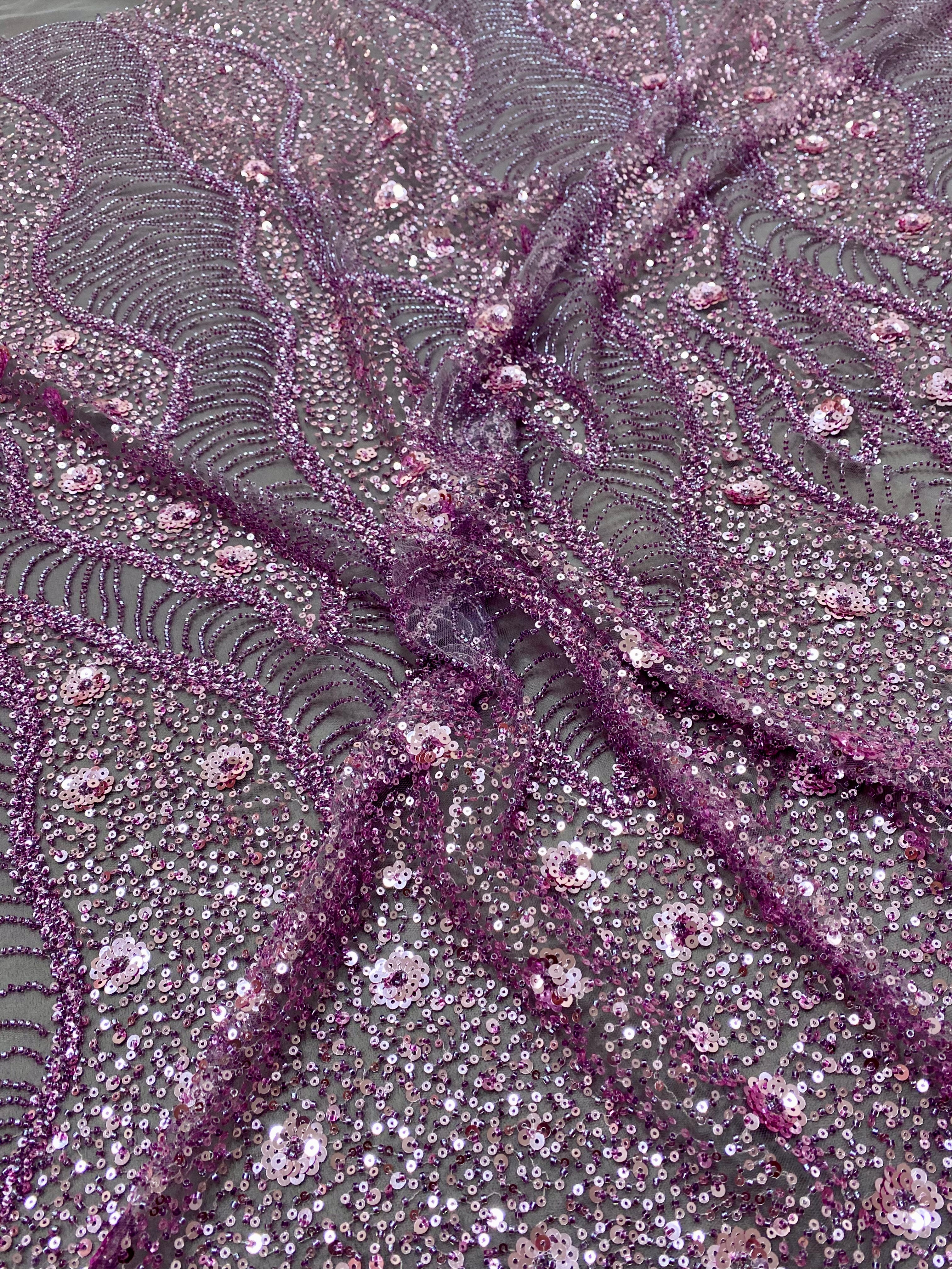 Dantela Couture Lavanda Pudrata cu Model Geometric si Flori, cu Margele si Paiete