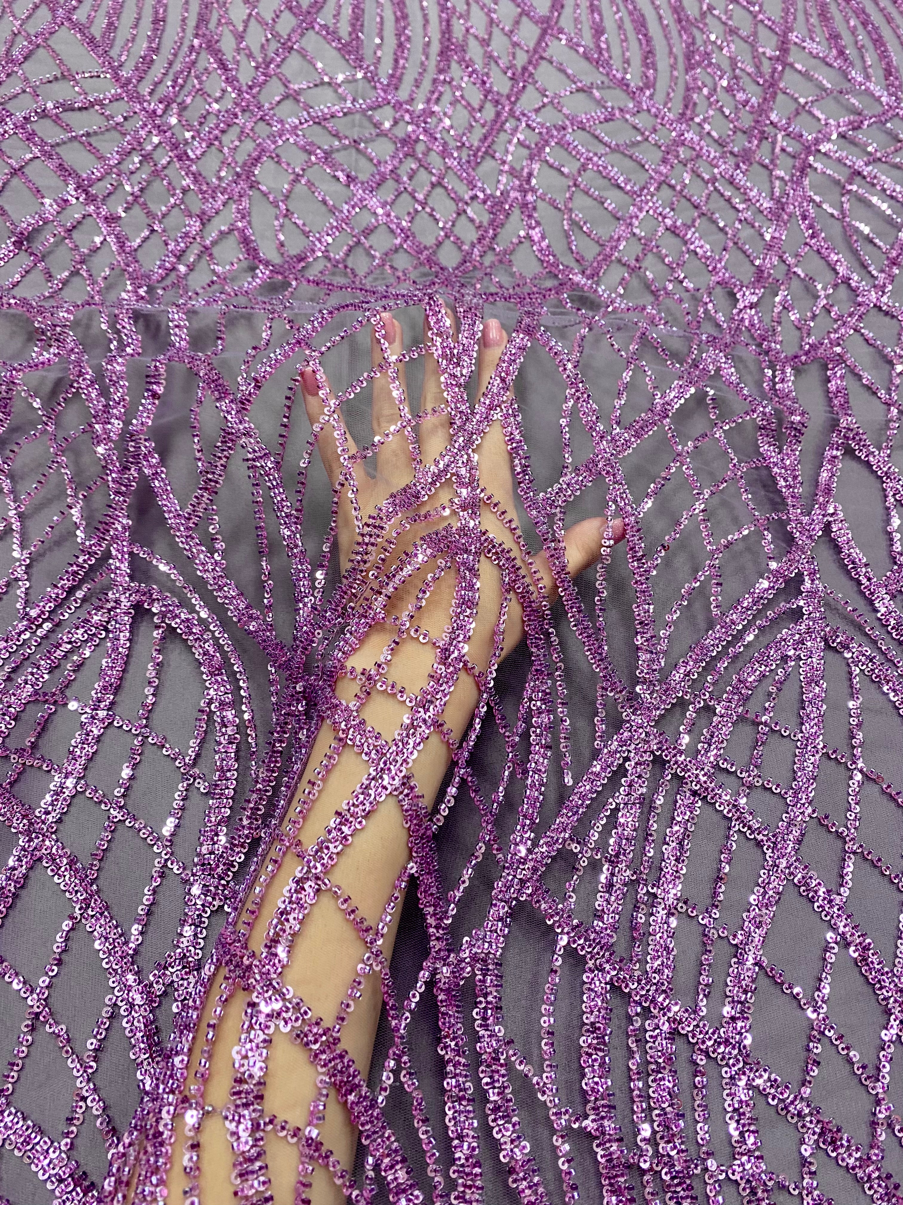 Dantela Couture Lavanda Pudrata cu Model Liniar, cu Margele si Paiete