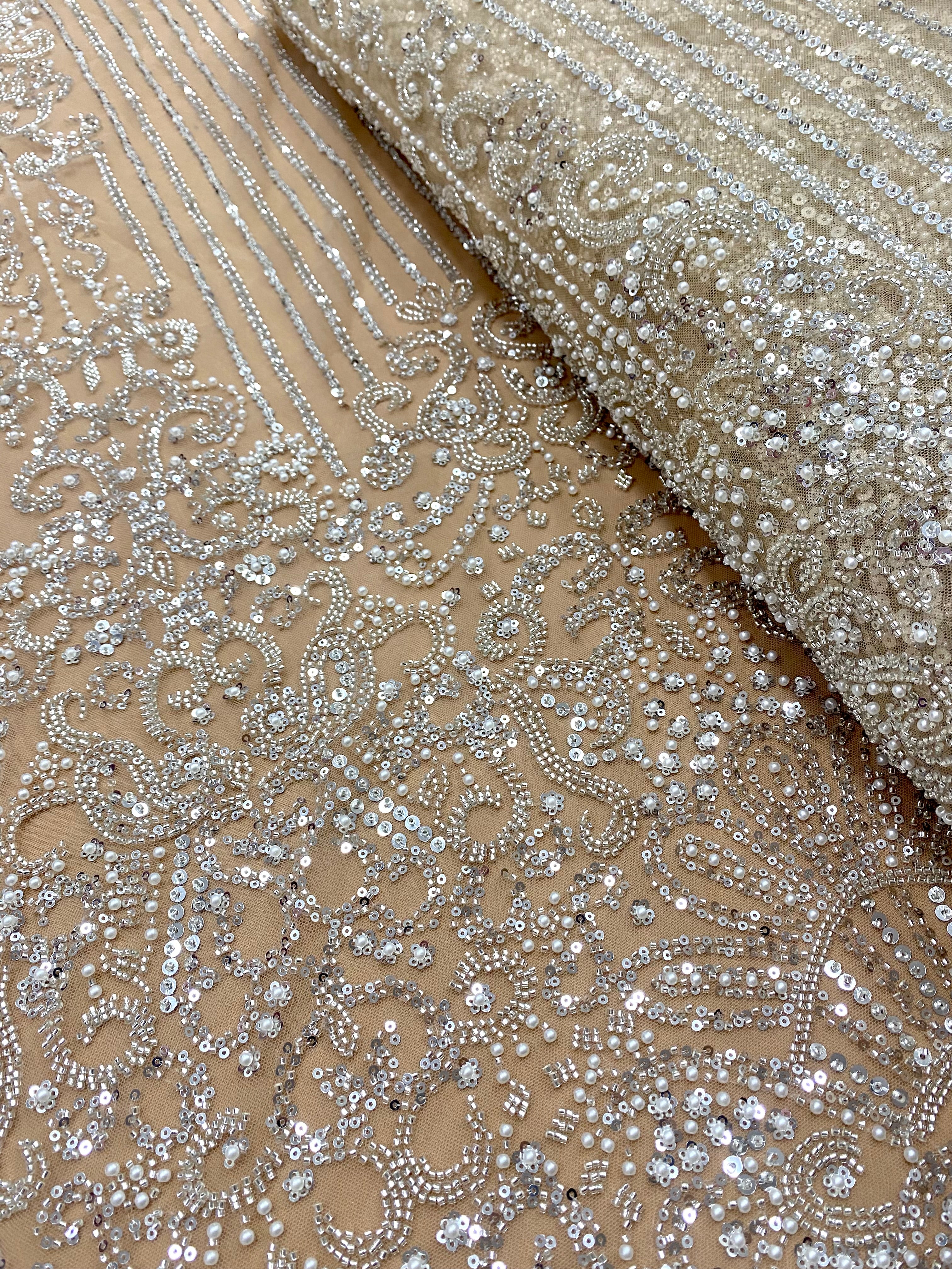 Silver Couture Lace on Nude Tulle with Geometric Pattern, with Pearls, Beads and Sequins