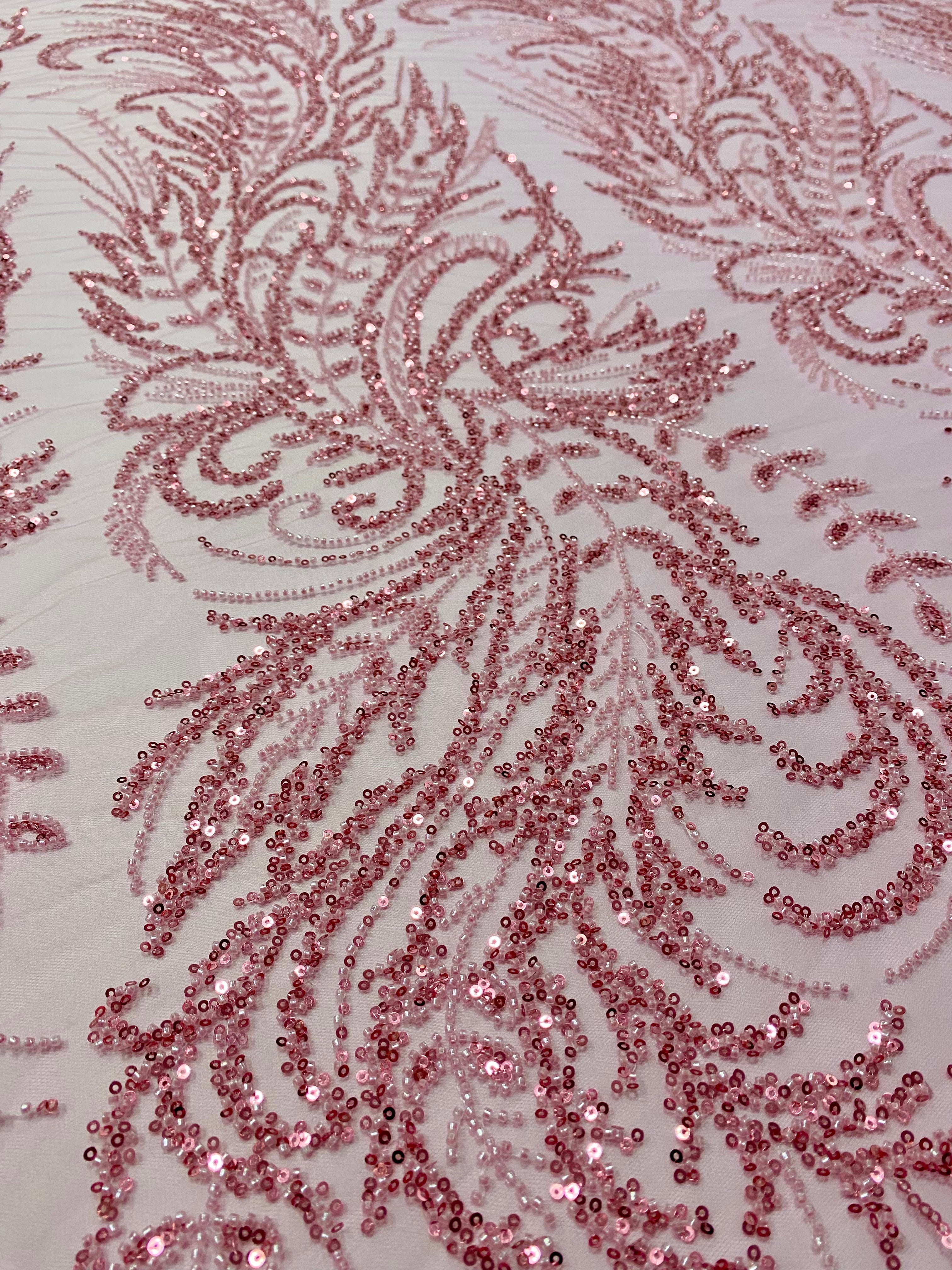 Pink Couture Lace with Floral Pattern, with Beads and Sequins