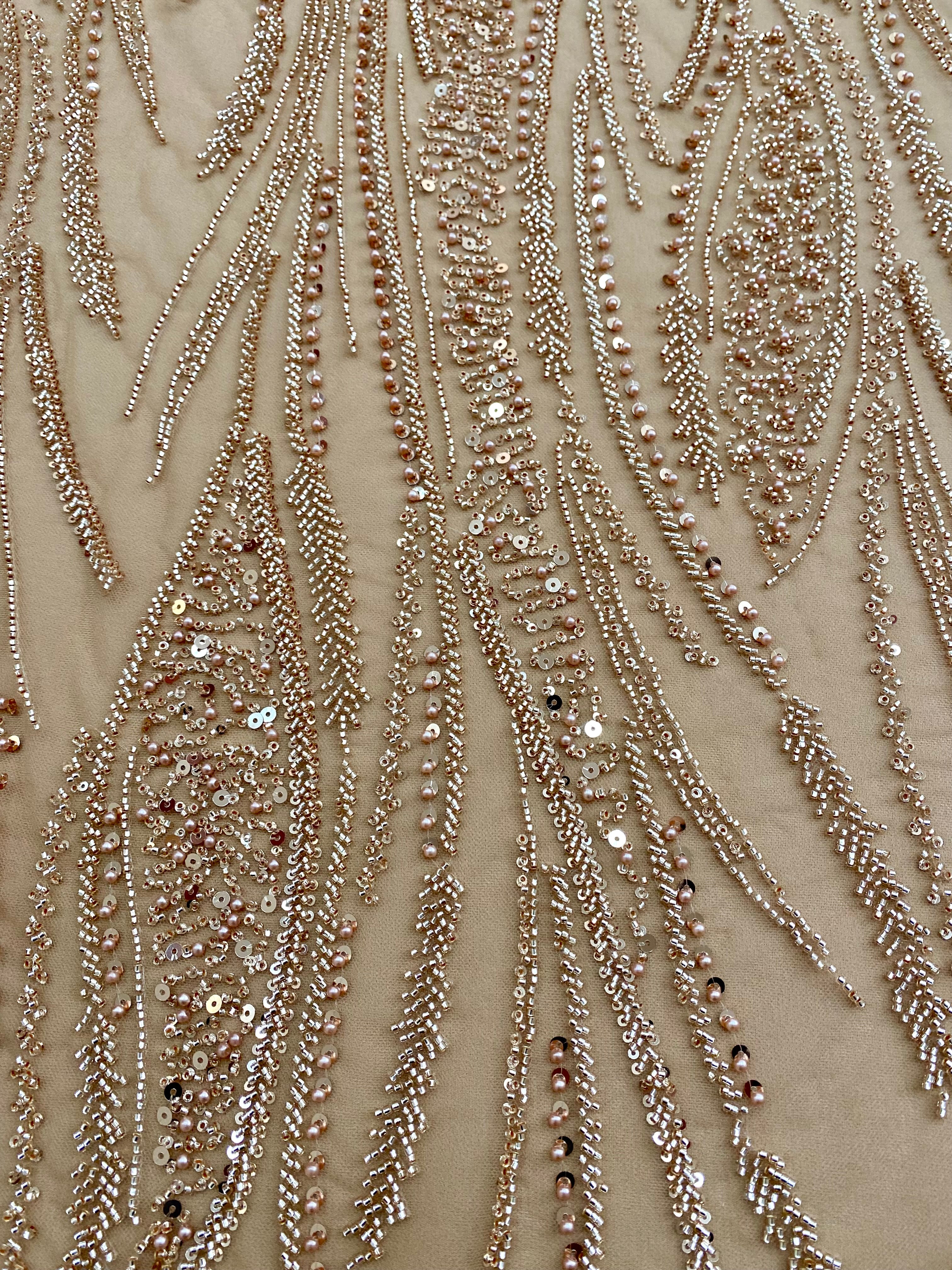 Rose Gold Couture Lace with Panel, Pearls, Beads and Sequins