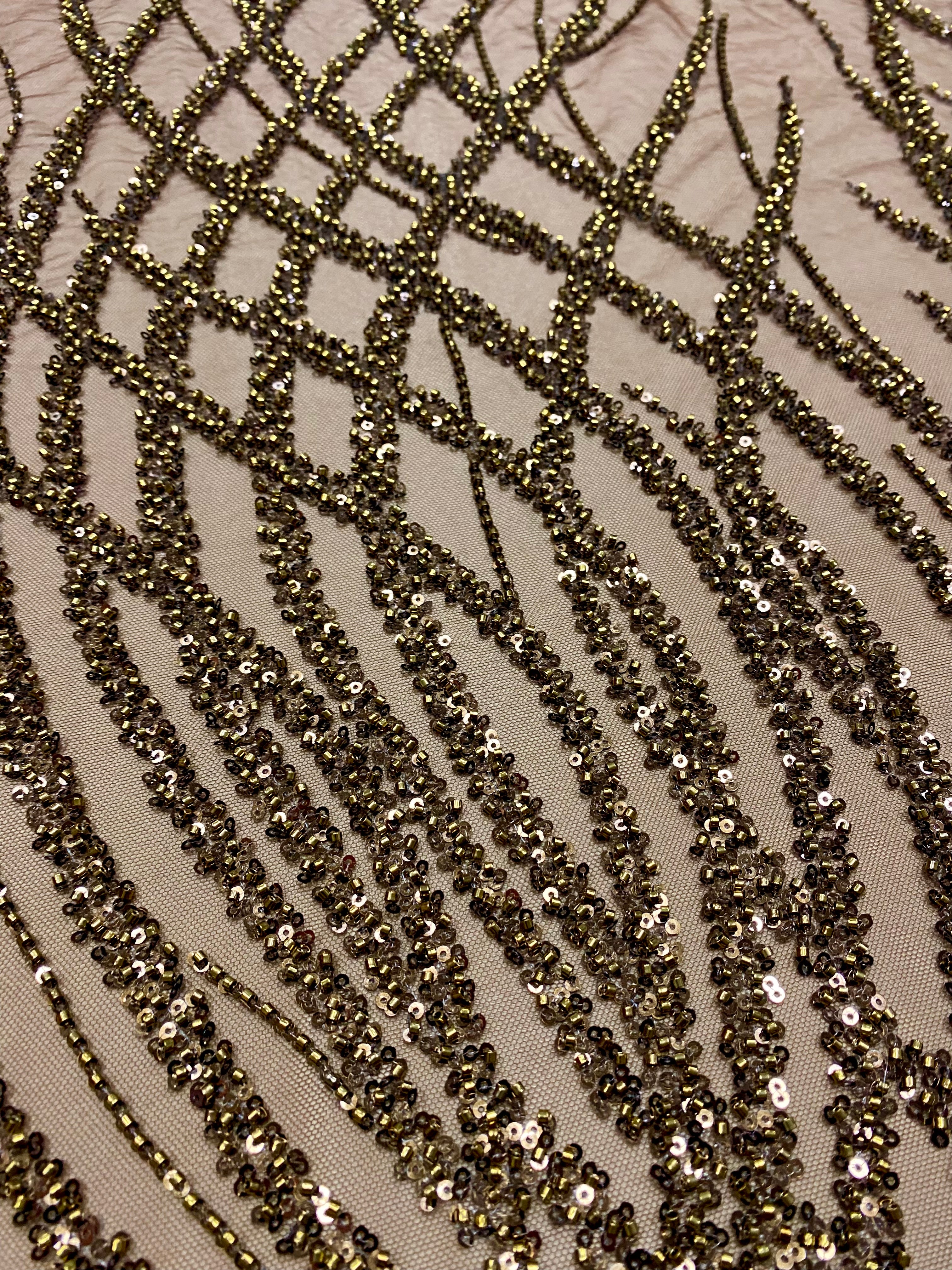 Brown Lace with Geometric Pattern, with Beads and Sequins