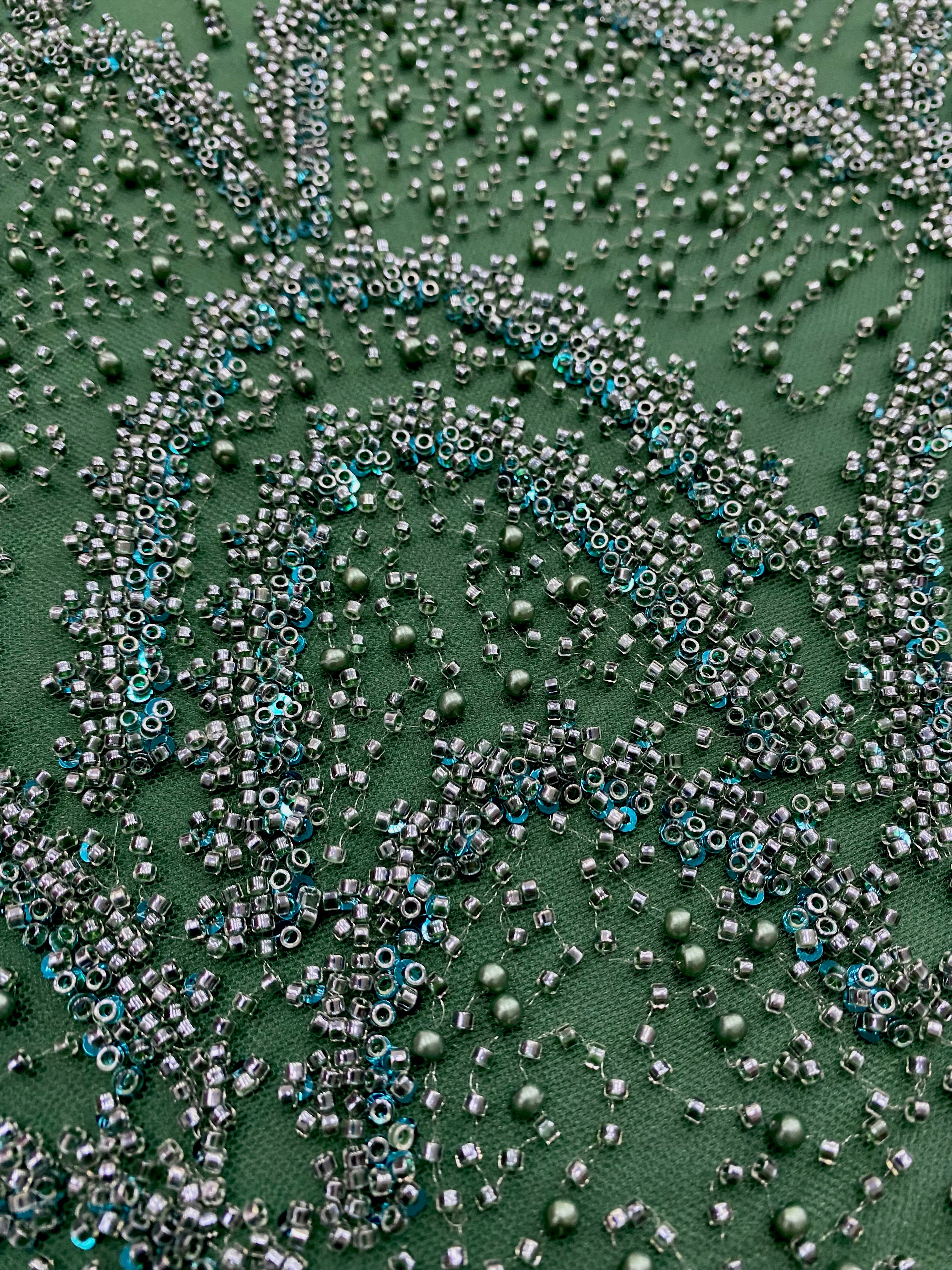 Emerald Green Couture Lace with Geometric Pattern, with Pearls, Beads and Sequins