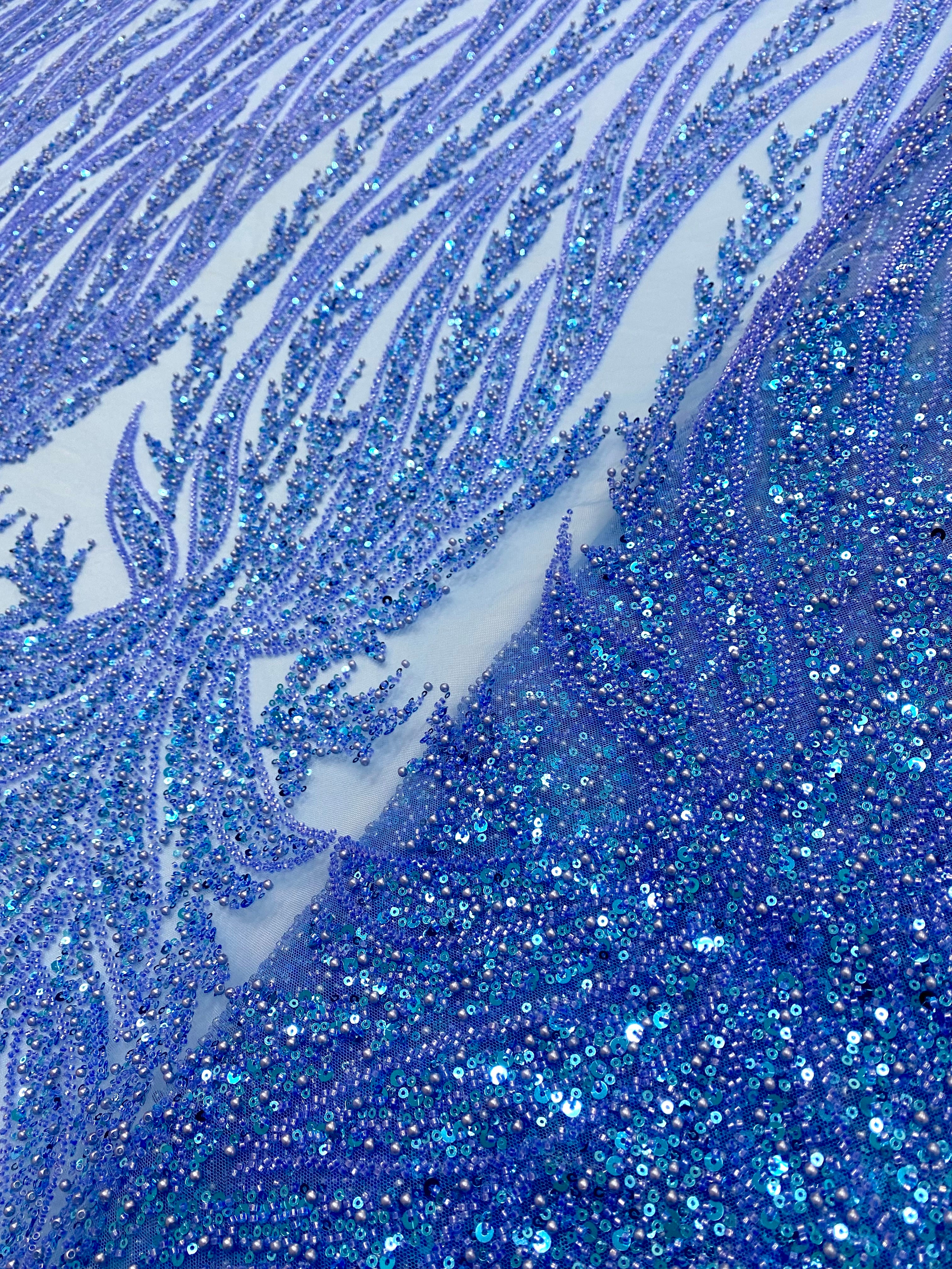 Silver Couture Lace on Blue Tulle, with Symmetrical Pattern, with Beads and Sequins 