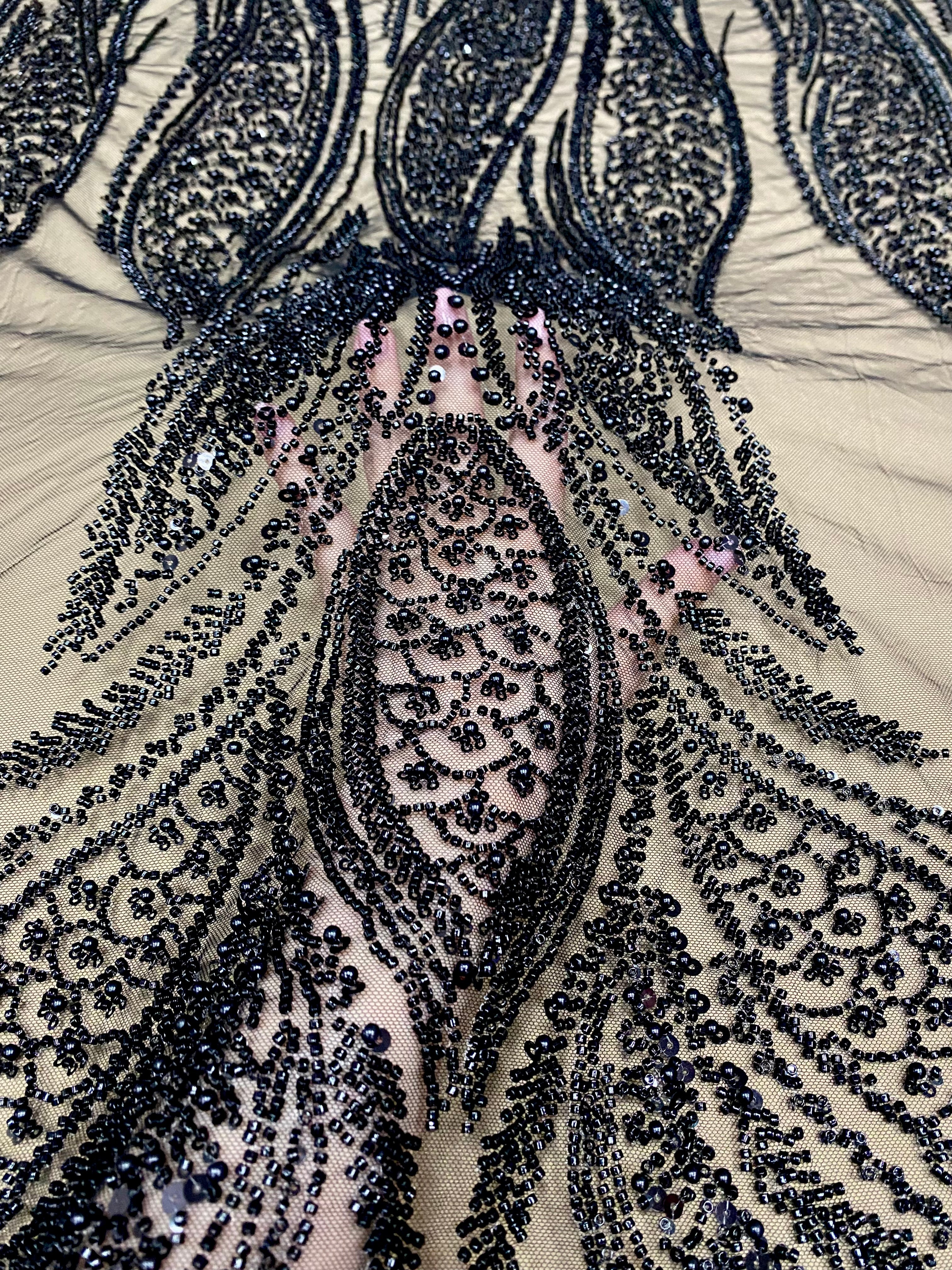 Black Couture Lace with Panel, with Pearls, Beads and Sequins