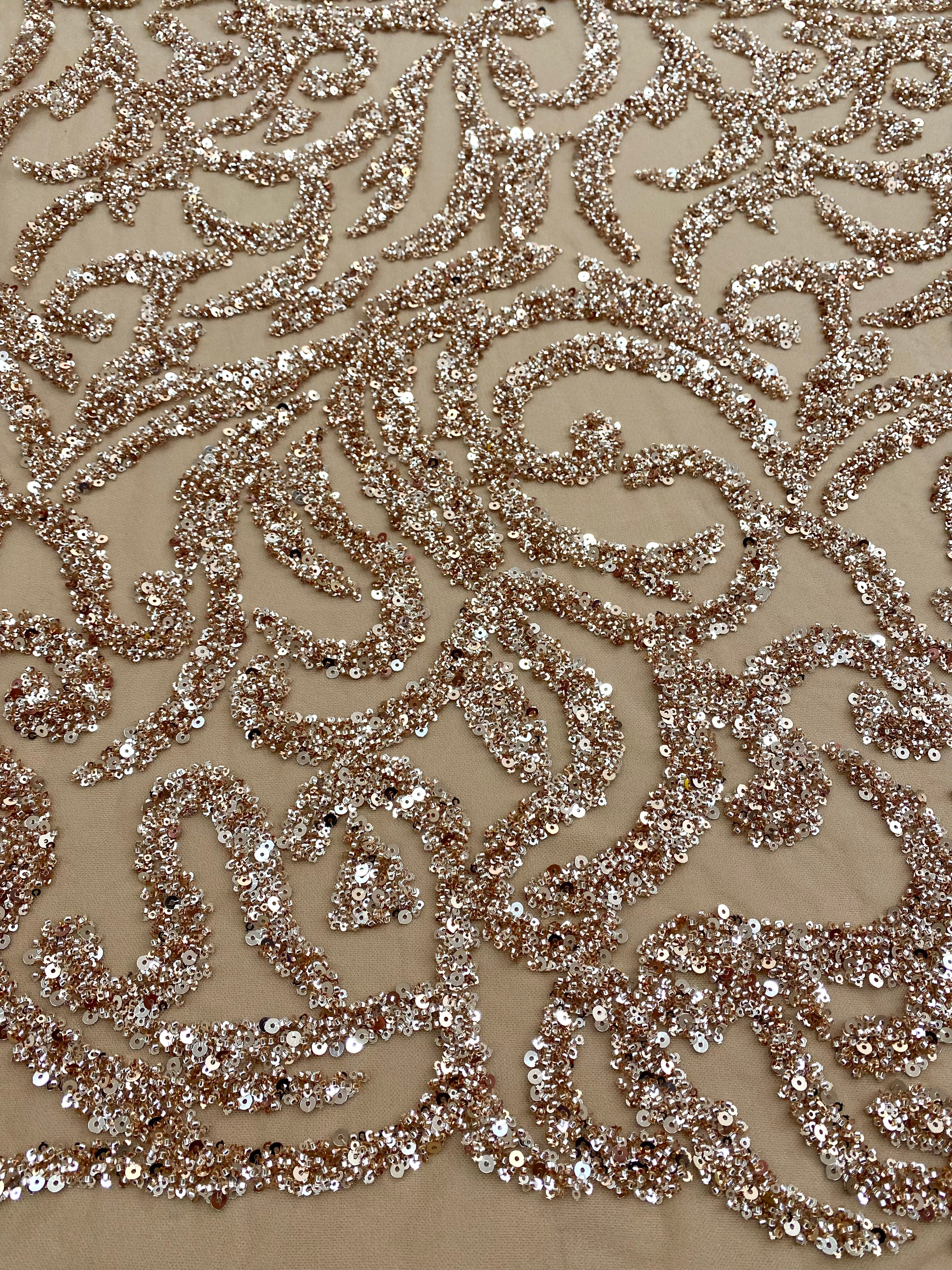 Rose Gold Couture Lace with Geometric Pattern, Beads and Sequins 