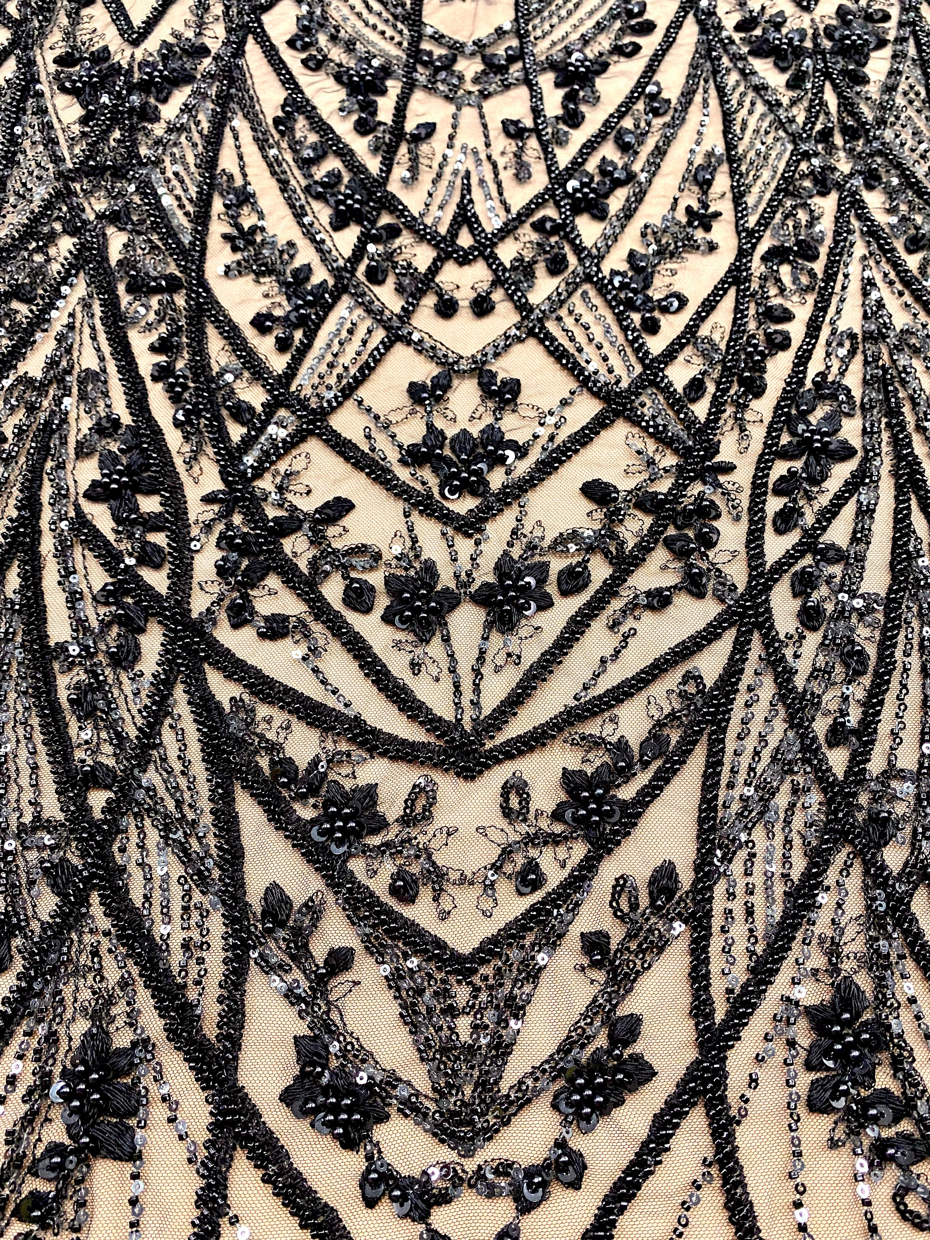 Black Couture Lace with Geometric Pattern, with Pearls, Beads and Sequins